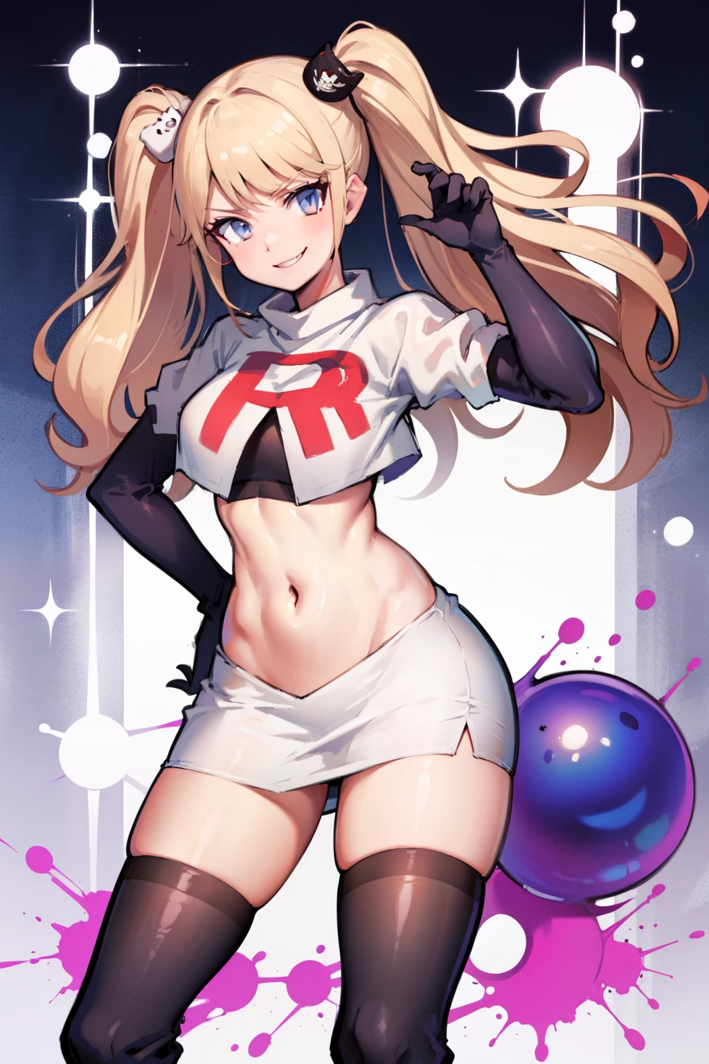 junko enoshima, glossy lips ,team rocket,team rocket uniform, red letter R, white skirt,white crop top,black thigh-high boots, black elbow gloves , looking at viewer, evil smile,