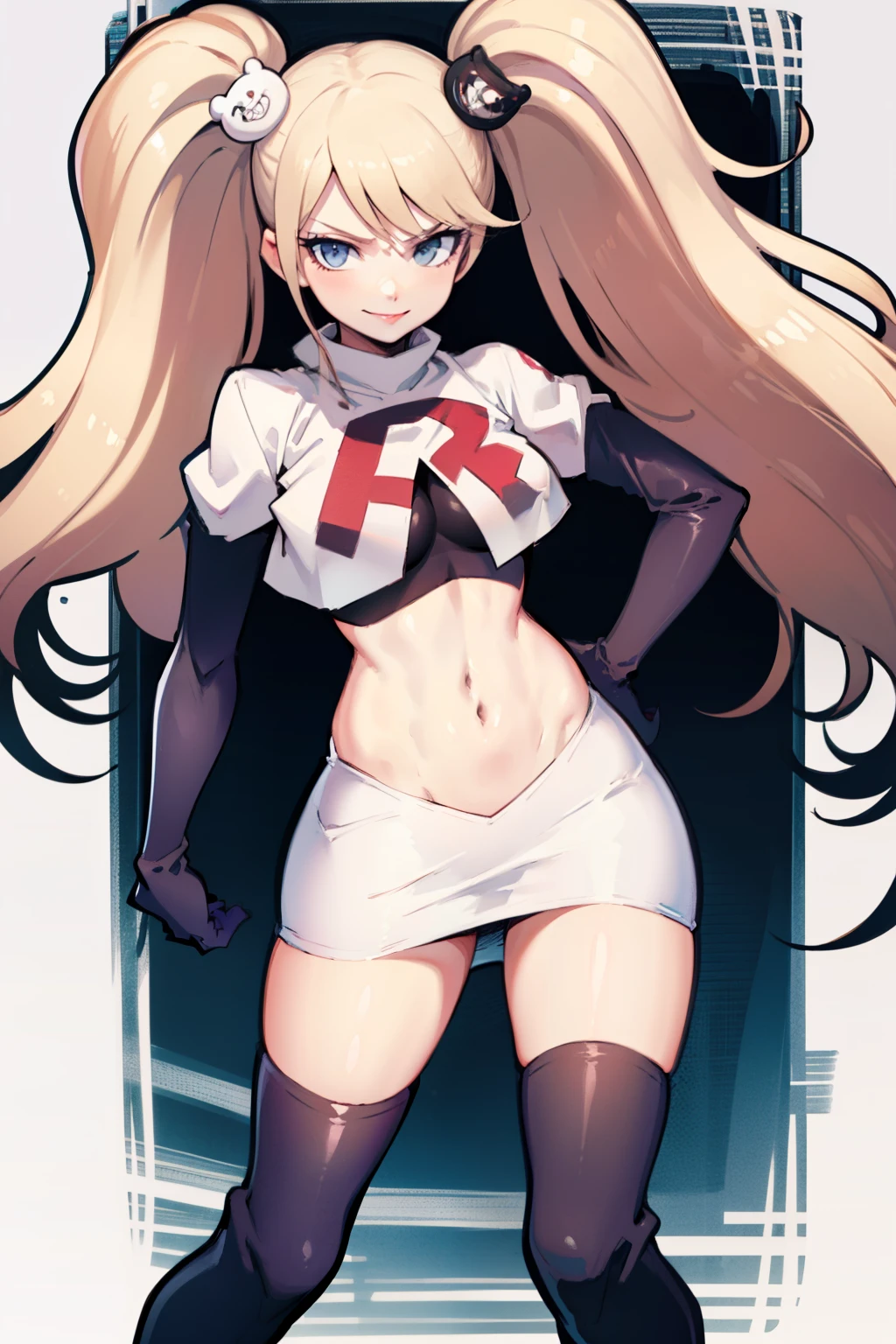 junko enoshima, glossy lips ,team rocket,team rocket uniform, red letter R, white skirt,white crop top,black thigh-high boots, black elbow gloves , looking at viewer, evil smile,