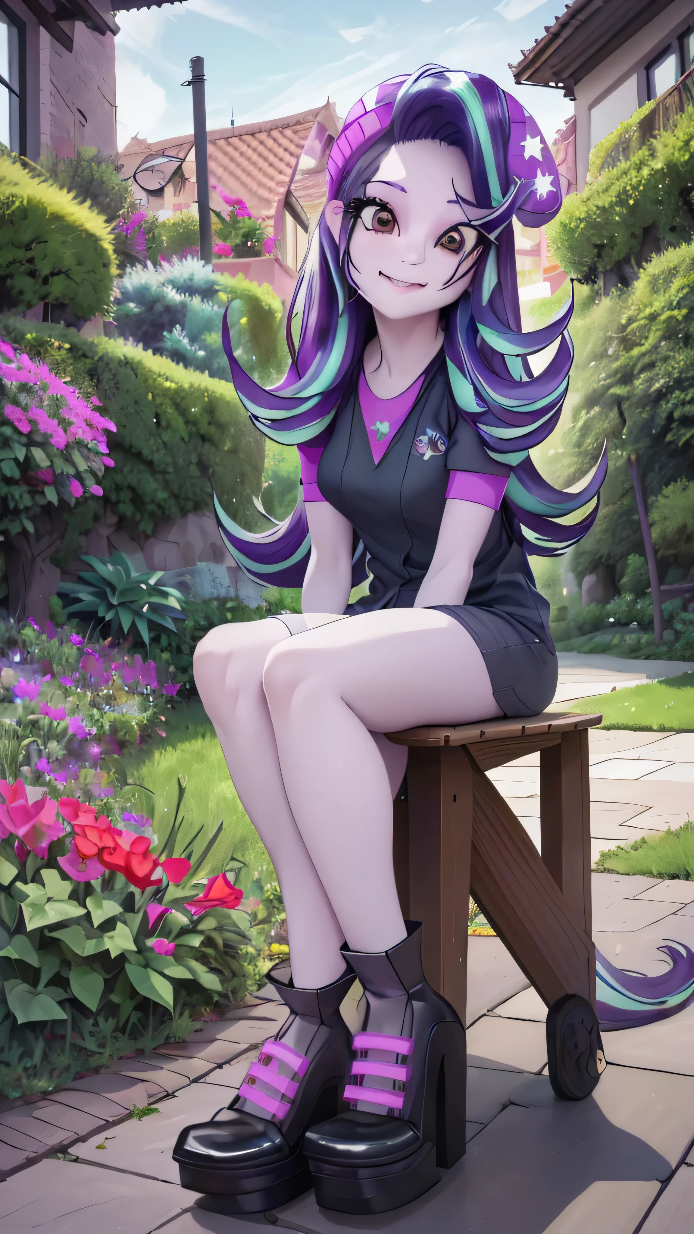 personajeluz de las estrellasluz tenue,falda corta,cuerpo completo,Sentado,(La mejor calidad,4k,8k,Altas Resoluciones,Obra maestra:1.2),Ultra detallado,(realista,photorealista,photo-realista:1.37),magical aura,sonrisa traviesa,Ojos morados oscuros,pelo largo y ondulado con pinzas en forma de estrella,sitting on a wooden bench in a beautifully lit garden,Ambiente encantado,Colores pastel,Luces suaves y brillantes