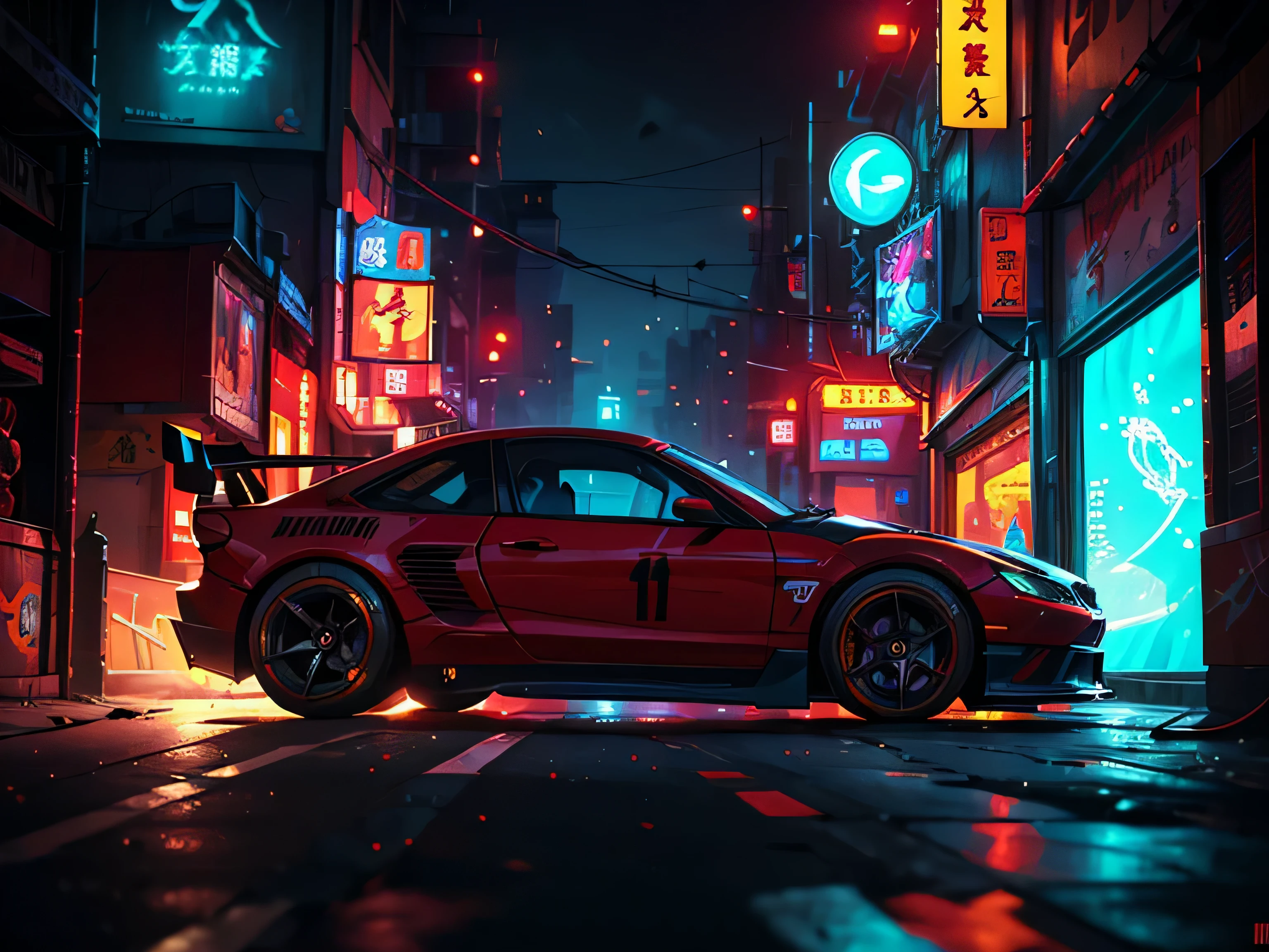 Best quality, masterpiece, ultra high res, Capture the -fueled excitement of a sleek, high-performance racing car dripping, red, blue, fires, neon light, dust, full car show, from side, cyberpunk racing car, tokyo cyberpunk night,Detailed,Realistic,4k highly detailed digital art,octane render, bioluminescent, BREAK 8K resolution concept art, realism,by Mappa studios,masterpiece,best quality,official art,illustration,ligne claire,(cool_color),perfect composition,absurdres, fantasy,focused,rule of thirds,