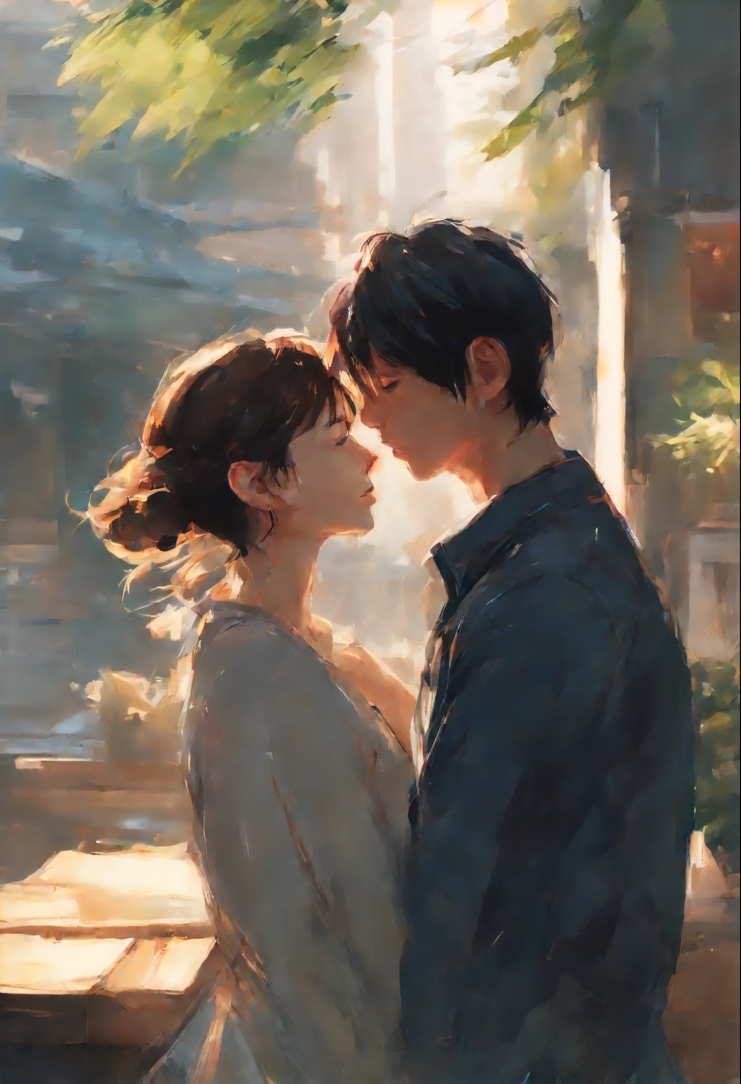 Her thin straight eyebrows came together into a thread, and dark circles appeared under the eyes.Makoto Shinkai and (Cainova plague), sakimichan and makoto shinkai, guweiz, Kissing together, artwork in the style of guweiz, young Europeans