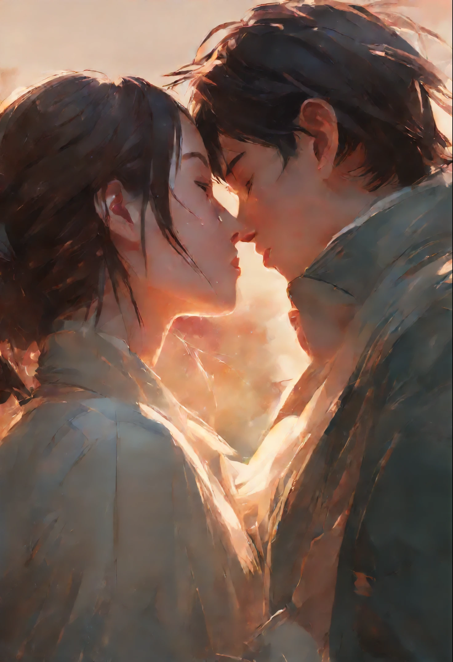 Her thin straight eyebrows came together into a thread, and dark circles appeared under the eyes.Makoto Shinkai and (Cainova plague), sakimichan and makoto shinkai, guweiz, Kissing together, artwork in the style of guweiz