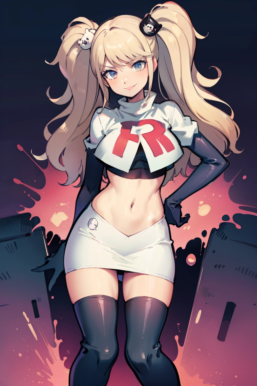 junko enoshima, glossy lips ,team rocket,team rocket uniform, red letter R, white skirt,white crop top,black thigh-high boots, black elbow gloves , looking at viewer, evil smile,