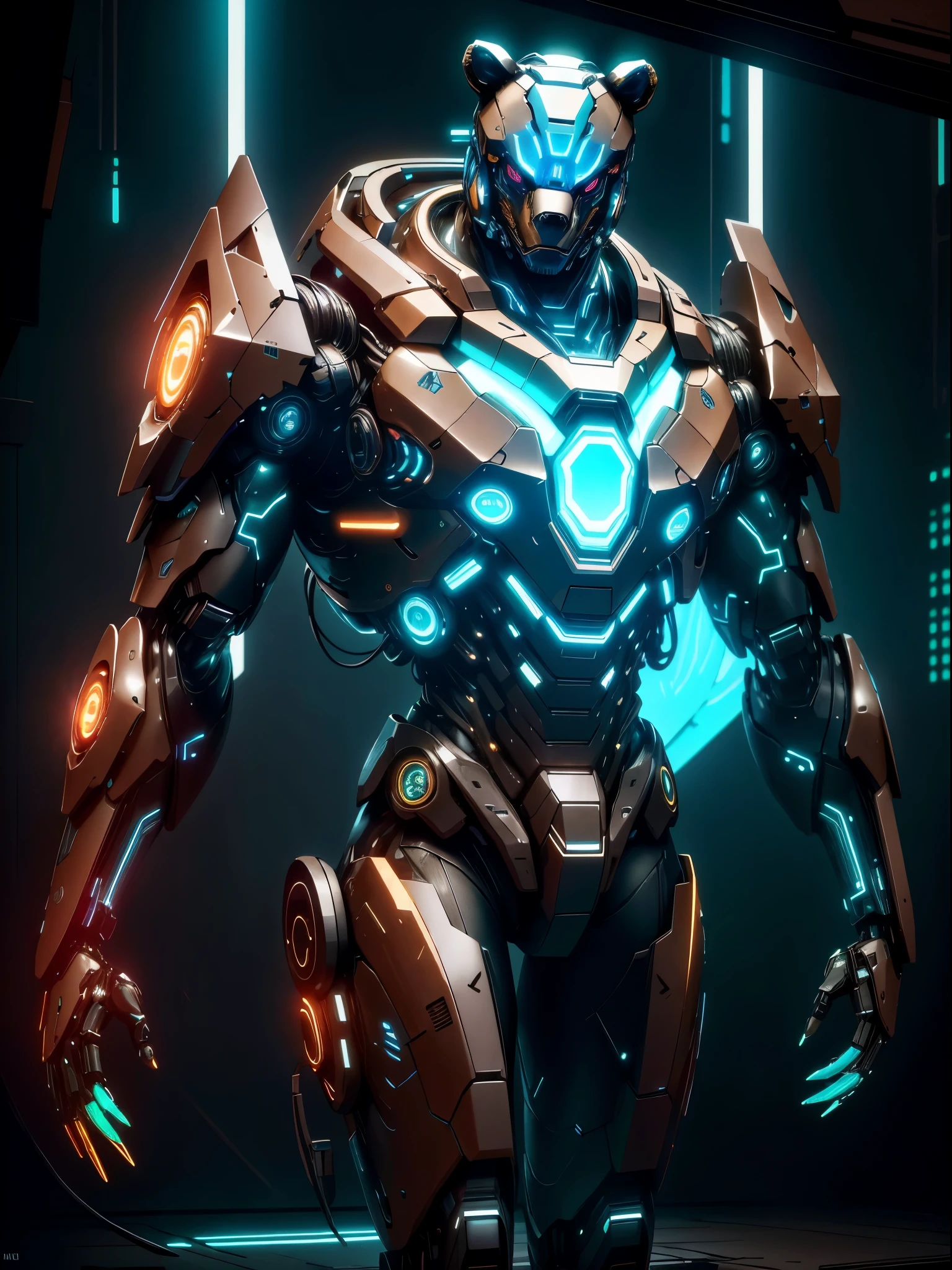 realistic,shiny,reflective,bioluminic, galactic cybernetic mask,mecha,( Bear cyborg:1.2)sh4g0d,GlowingRunes_brown, slim body, fullbody, cinemnatic, colourful neon lights in the background, back light, high contrast, colourful