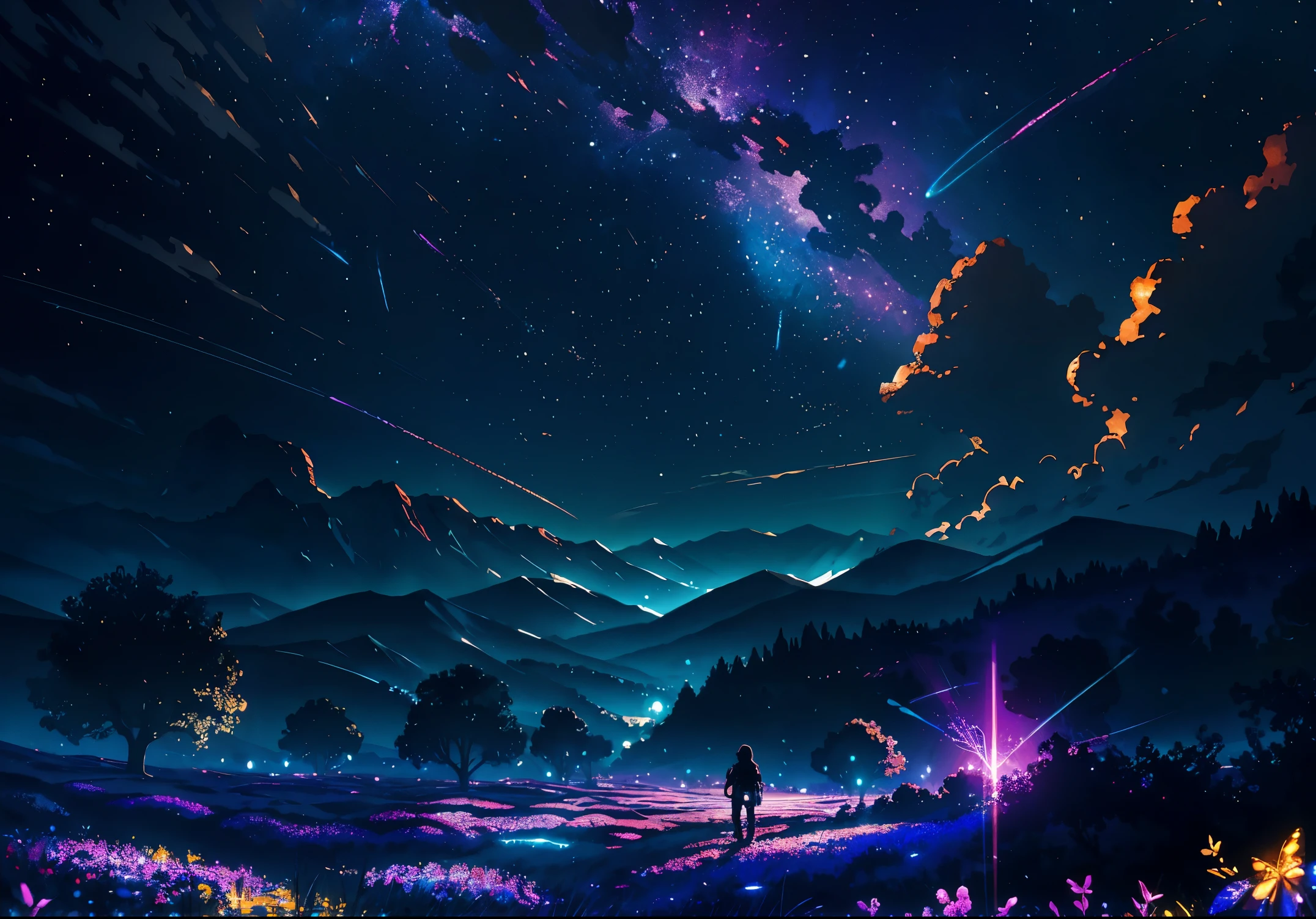 expansive landscape photograph , (a view from below that shows sky above and open field below), a girl standing on flower field looking up, (full moon:1.2), ( shooting stars:0.9), (nebula:1.3), distant mountain, tree BREAK
production art, (warm light source:1.2), (Firefly:1.2), lamp, lot of purple and orange, intricate details, volumetric lighting BREAK
(masterpiece:1.2), (best quality), 4k, ultra-detailed, (dynamic composition:1.4), highly detailed, colorful details,( iridescent colors:1.2), (glowing lighting, atmospheric lighting), dreamy, magical, (solo:1.2)