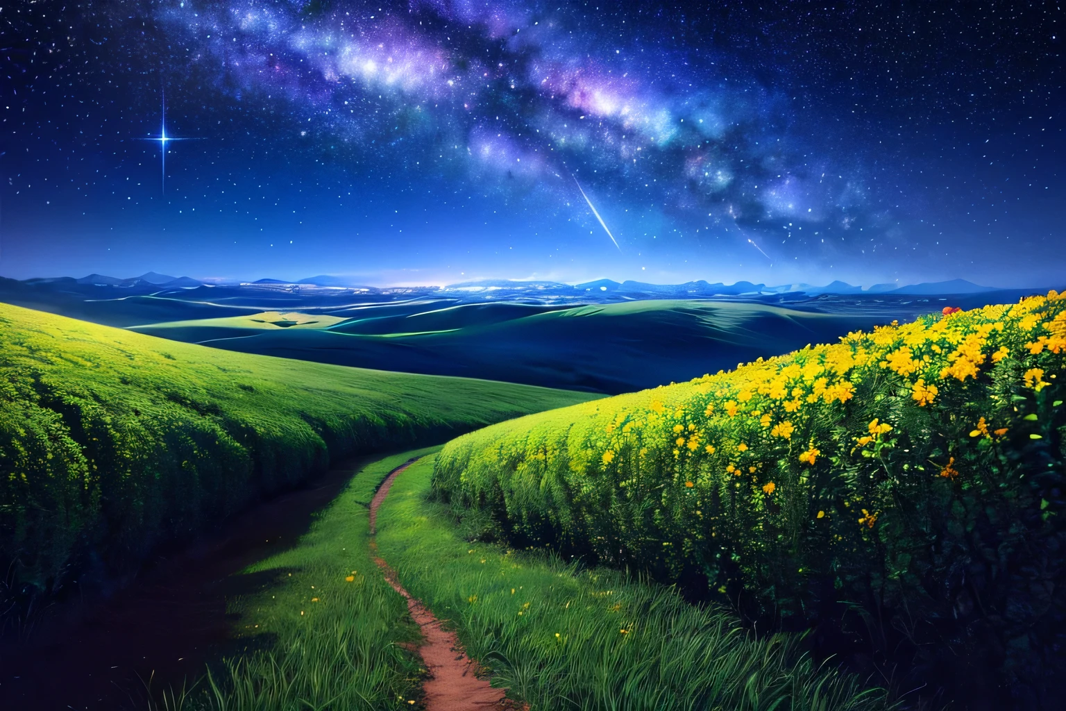 Crea un fondo de pantalla estilo Windows XP en blanco y negro, a world full of magical bushes and starry sky at night.