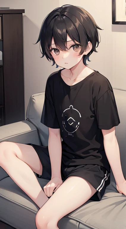 , black hair, light brown eyes, blue t-shirts, black shorts, sitting, living room