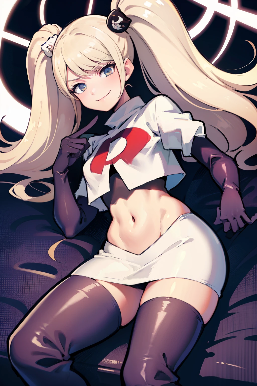 junko enoshima, glossy lips ,team rocket,team rocket uniform, red letter R, white skirt,white crop top,black thigh-high boots, black elbow gloves , looking at viewer, evil smile,