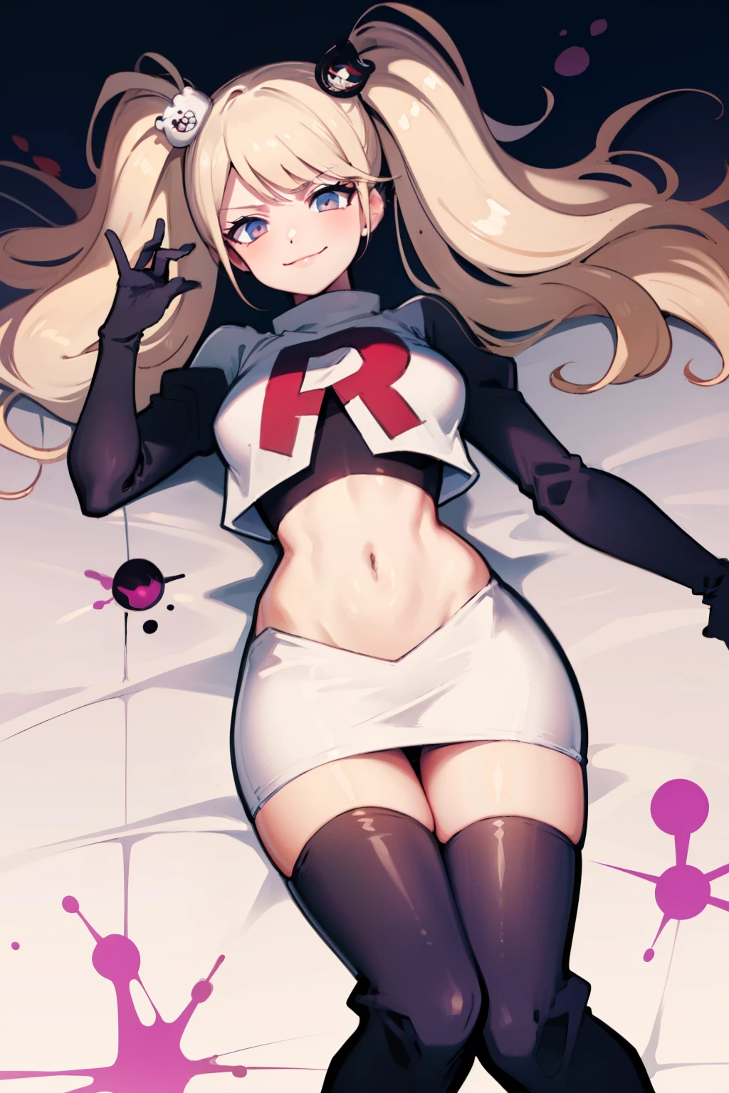 junko enoshima, glossy lips ,team rocket,team rocket uniform, red letter R, white skirt,white crop top,black thigh-high boots, black elbow gloves , looking at viewer, evil smile,