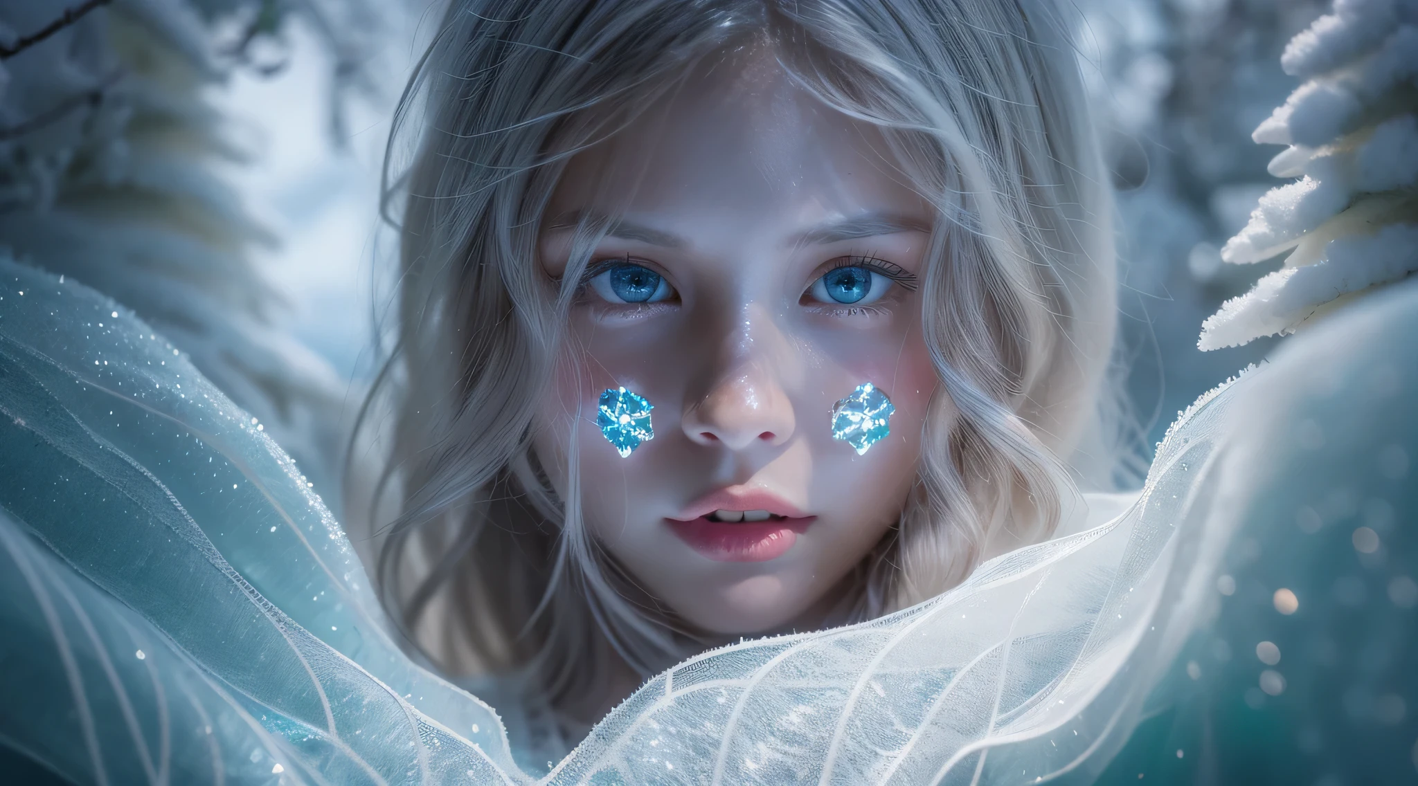 10 year old girl Russian child with long hair BLONDE, PORTRAIT, BLACK FUR COAT, ICE, ICE, LOTS OF ICE,