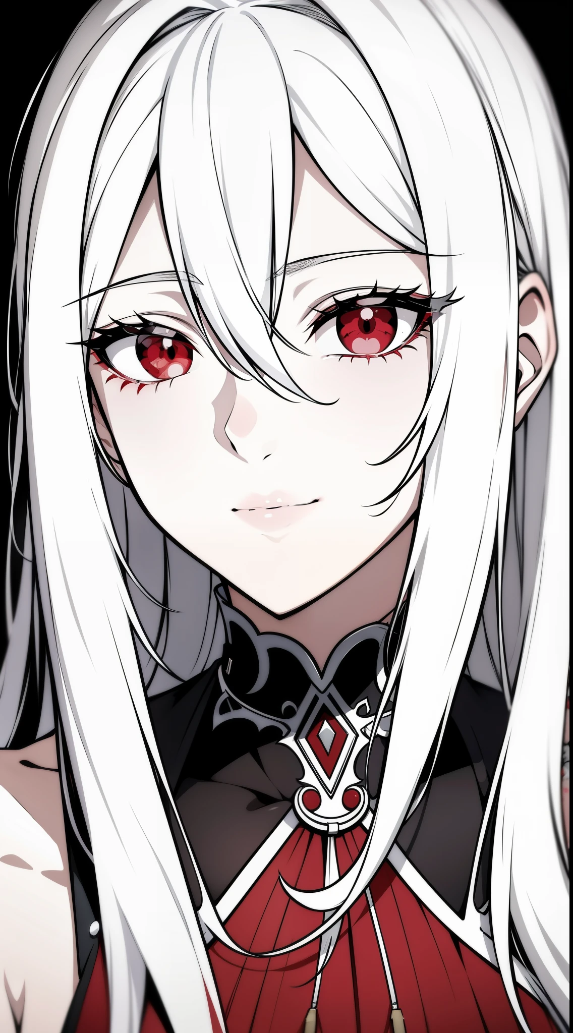 {8k image}, 1beautiful woman, 30 years old, messy white hair, red eyes, looking at the viewer smiling, blood coming from the nose, slave collar around the neck, {face portrait}, facing the camera, looking directly at the camera, manga art style, lineart, black white and red colors
