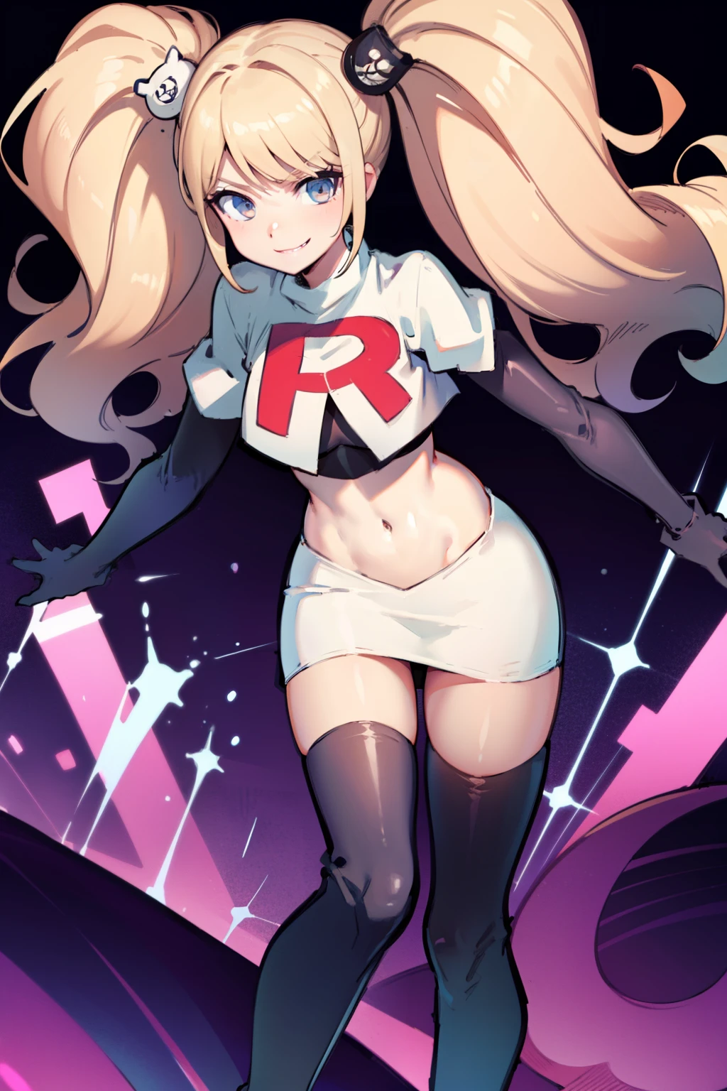 junko enoshima, glossy lips ,team rocket,team rocket uniform, red letter R, white skirt,white crop top,black thigh-high boots, black elbow gloves , looking at viewer, evil smile,