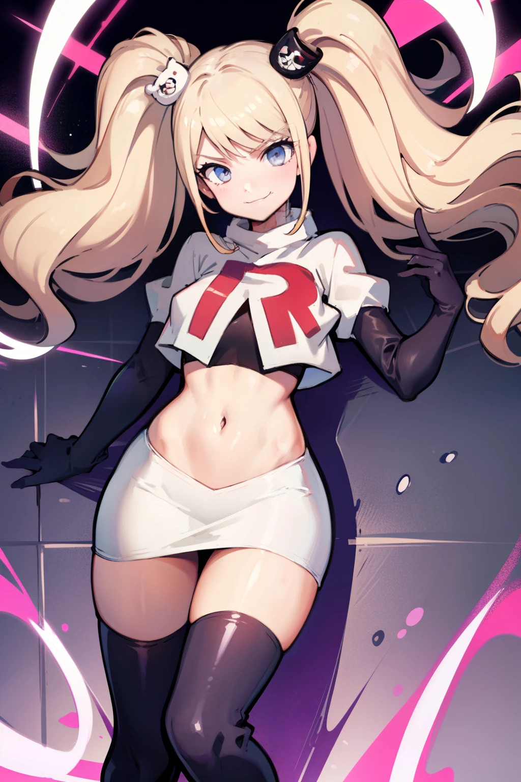 junko enoshima, glossy lips ,team rocket,team rocket uniform, red letter R, white skirt,white crop top,black thigh-high boots, black elbow gloves , looking at viewer, evil smile,