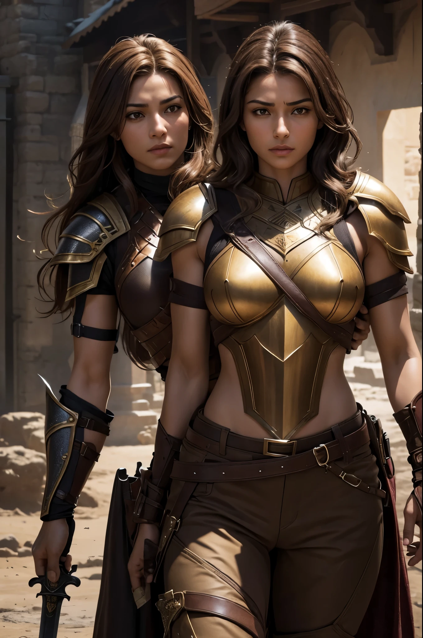 8K,Photorealistic, Arahed picks up a woman wearing brown armor..,A woman with a fearless face like a real macho man.,Brown-haired Helly Shorthair,Muscular macho brown pants and protectors,超A high resolution,A hyper-realistic,real looking skin,carry a long and large sword,