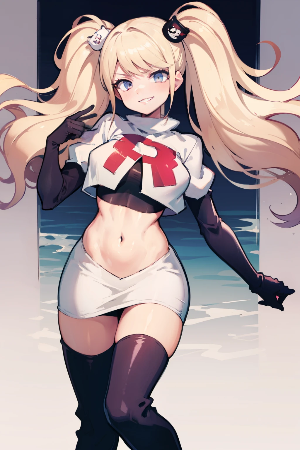 junko enoshima, glossy lips ,team rocket,team rocket uniform, red letter R, white skirt,white crop top,black thigh-high boots, black elbow gloves , looking at viewer, evil smile,