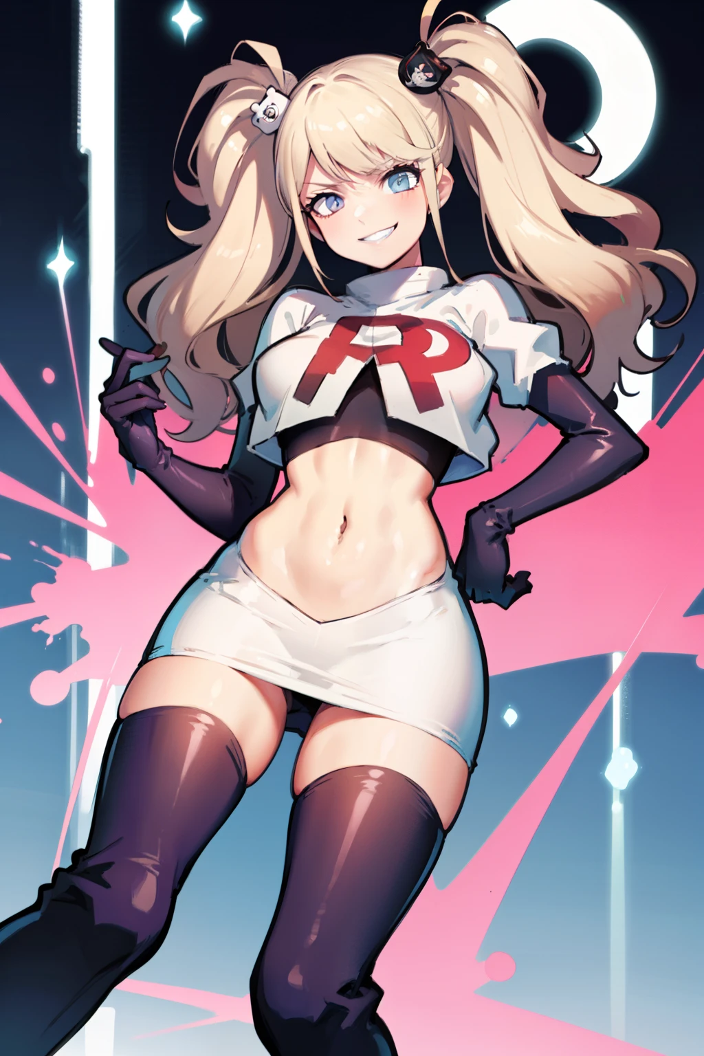 junko enoshima, glossy lips ,team rocket,team rocket uniform, red letter R, white skirt,white crop top,black thigh-high boots, black elbow gloves , looking at viewer, evil smile,