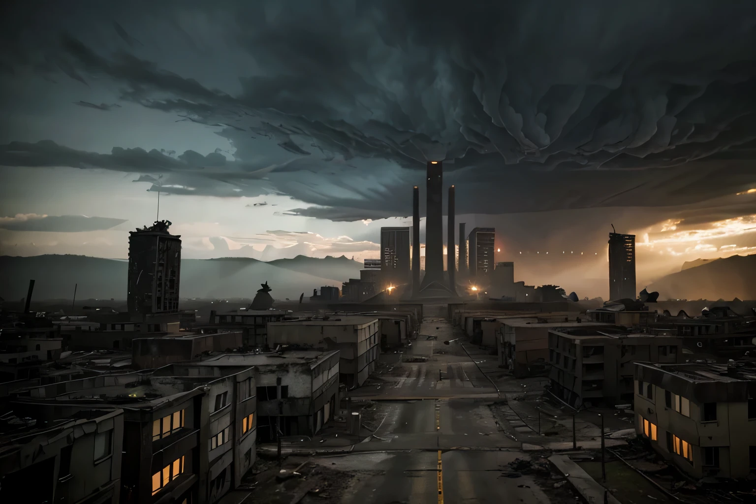 Atomic bombing,Armageddon,Cities and ruins,eventide,Large wide angle,Grey,repression