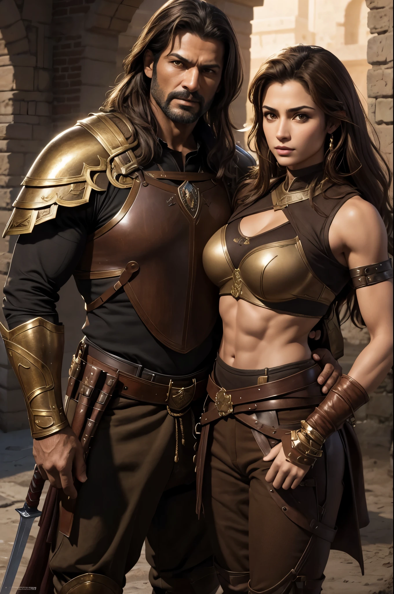 8K,Photorealistic, Arahed picks up a woman wearing brown armor..,A woman with a fearless face like a real macho man.,Brown-haired Helly Shorthair,Muscular macho brown pants and protectors,超A high resolution,A hyper-realistic,real looking skin,carry a long and large sword,