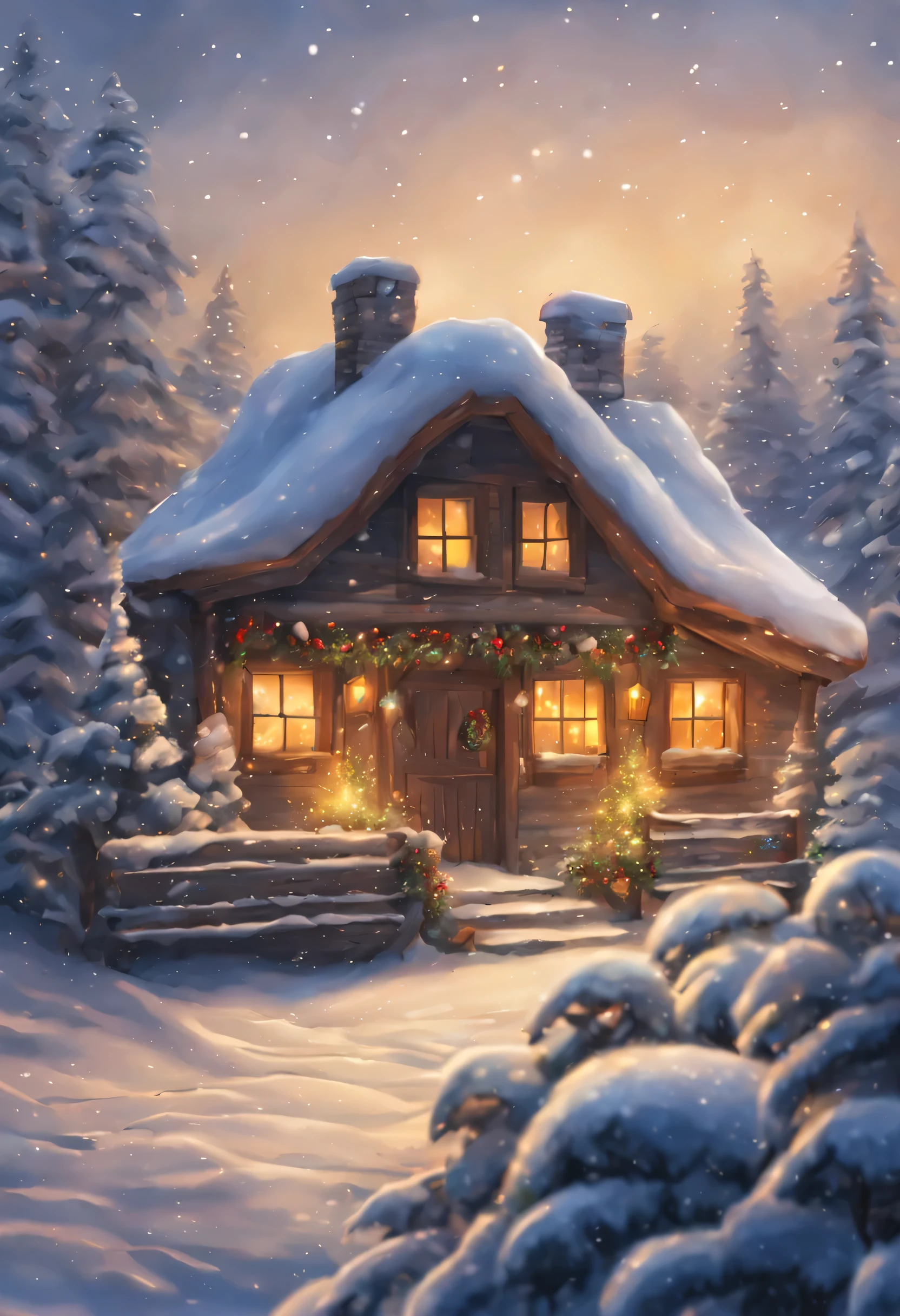 an intricately detailed image of a winter New Year landscape, a small cottage and a New Year's tree with a decoration, detailed, hyper-realistic, lighting, 16K