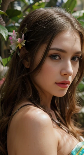 (best quality,ultra-detailed,photorealistic),young woman,beautiful eyes,detailed lips,pensive expression,soft lighting,vibrant colors,,long flowing hair,stylish princess outfit, jungle background,colorful flowers,natural sunlight,serene atmosphere, natural round breasts, hourglass figure, 4k details,