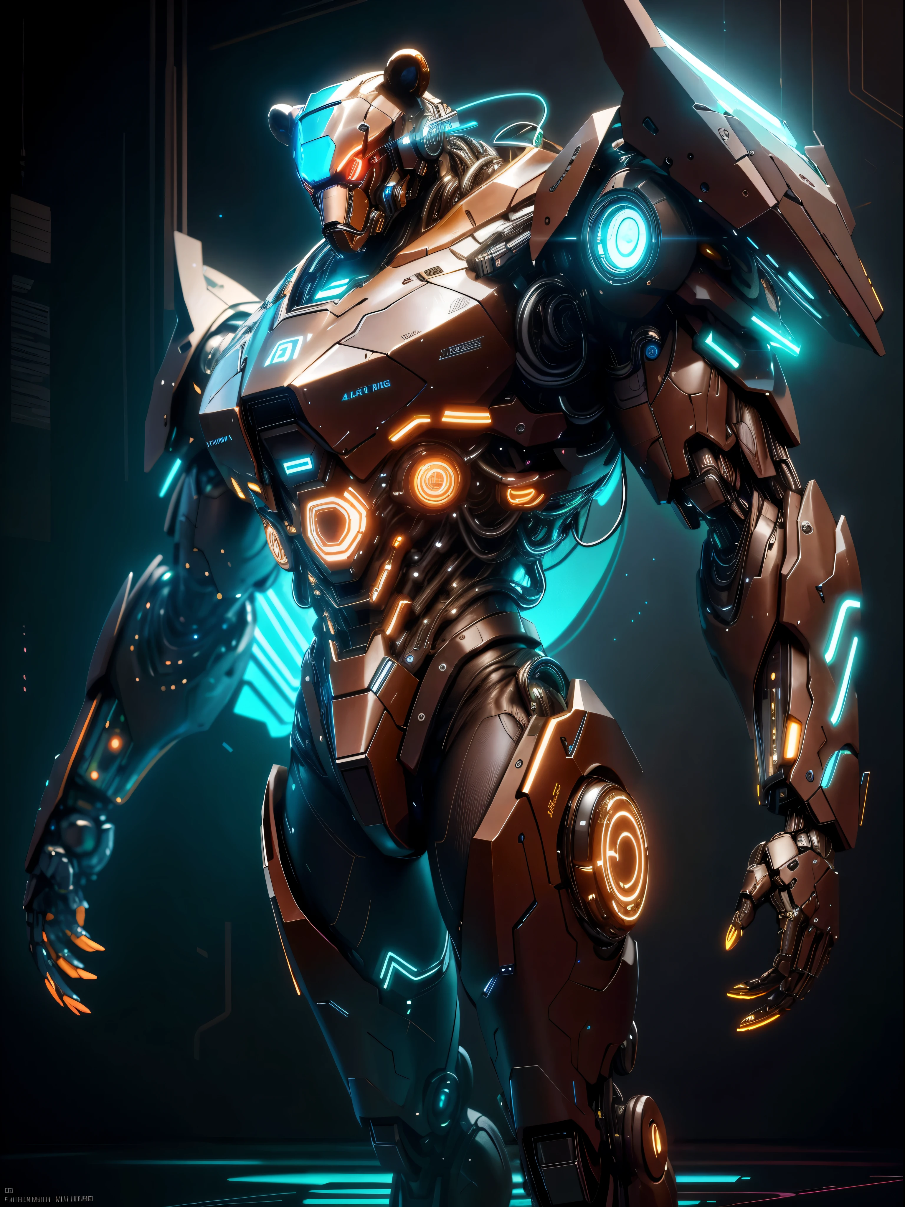realistic,shiny,reflective,bioluminic, galactic cybernetic mask,mecha,( Bear cyborg:1.2)sh4g0d,GlowingRunes_brown, slim body, fullbody, cinemnatic, colourful neon lights in the background, back light, high contrast, colourful