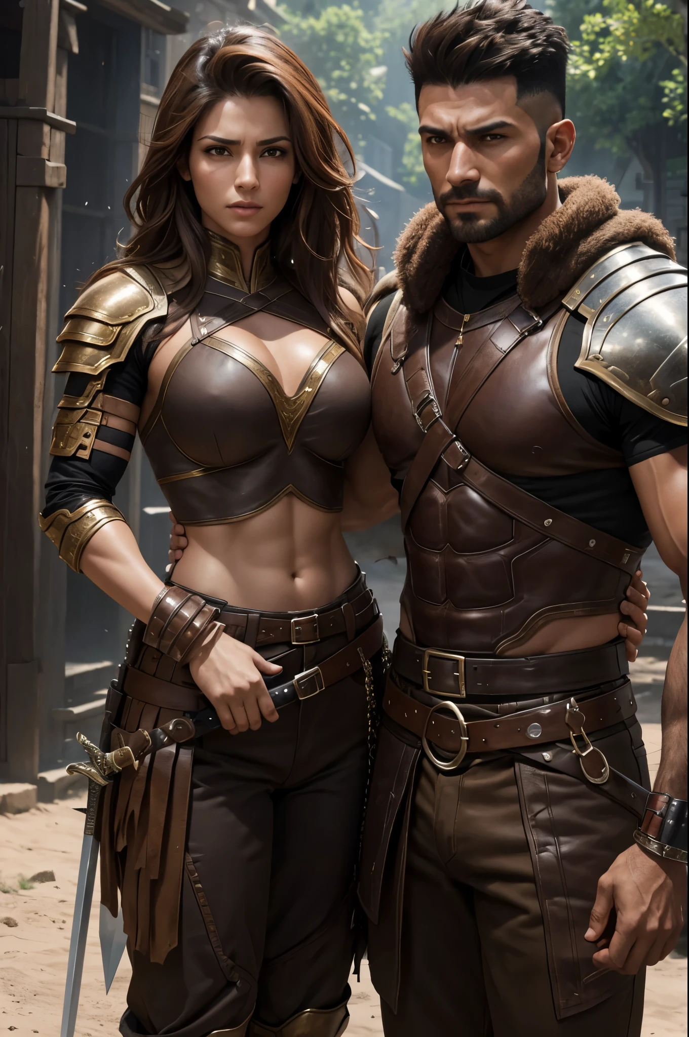 8K,Photorealistic, 8K,Arahed picks up a woman wearing brown armor..,A woman with a real macho and fearless face.,brown mohawk hair,Muscular macho brown pants and protectors,超A high resolution,A hyper-realistic,real looking skin,carry a long and large sword,