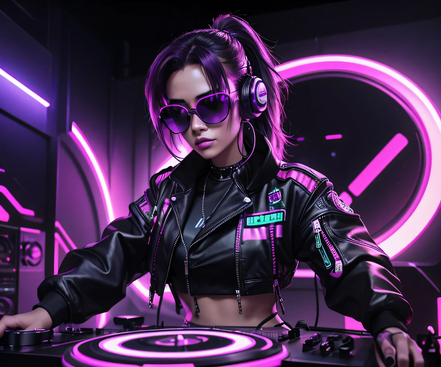 "Cyberpunk DJ girl with cool head set,front view ,cool open jacket and crop top shirt, rocking sun glasses, two big LED glowing loudspeakers on each side, immersed in a purple neon-lit environment, vinyl record on turntable with music mixer and turntable in front of her, exuding an electrifying disco vibe in a futuristic night club."