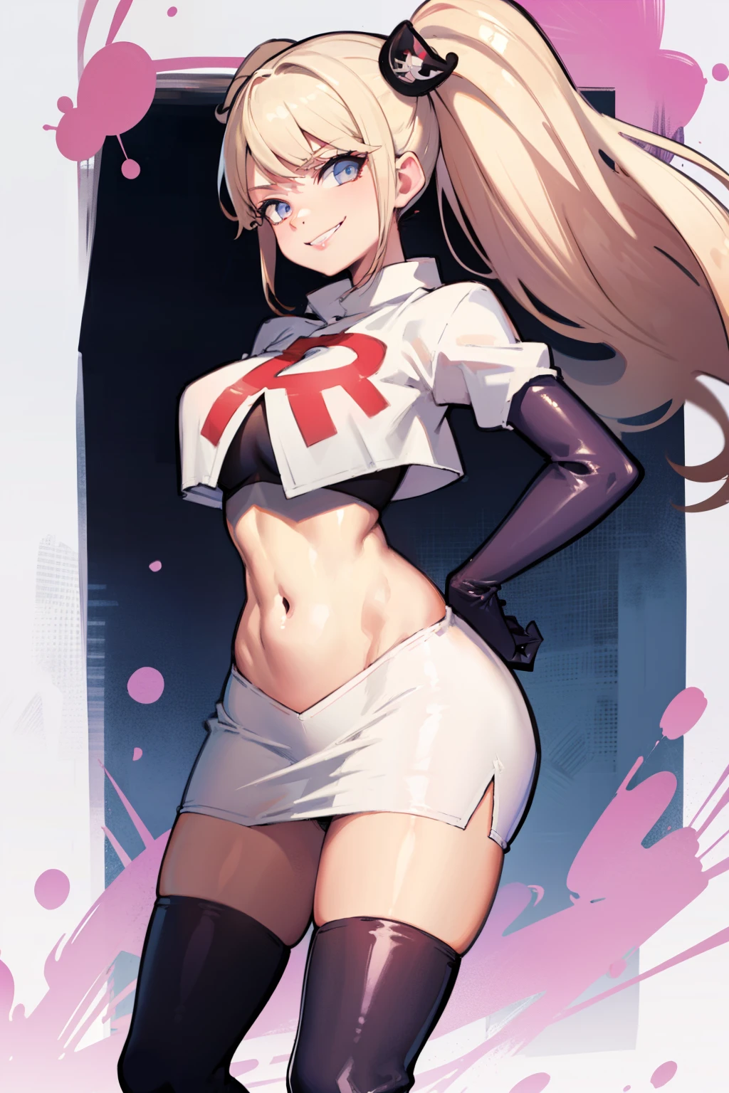 junko enoshima, glossy lips ,team rocket,team rocket uniform, red letter R, white skirt,white crop top,black thigh-high boots, black elbow gloves , looking at viewer, evil smile,
