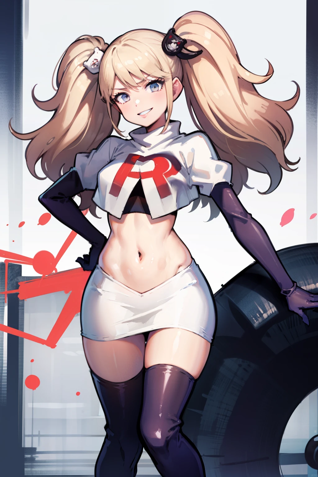 junko enoshima, glossy lips ,team rocket,team rocket uniform, red letter R, white skirt,white crop top,black thigh-high boots, black elbow gloves , looking at viewer, evil smile,