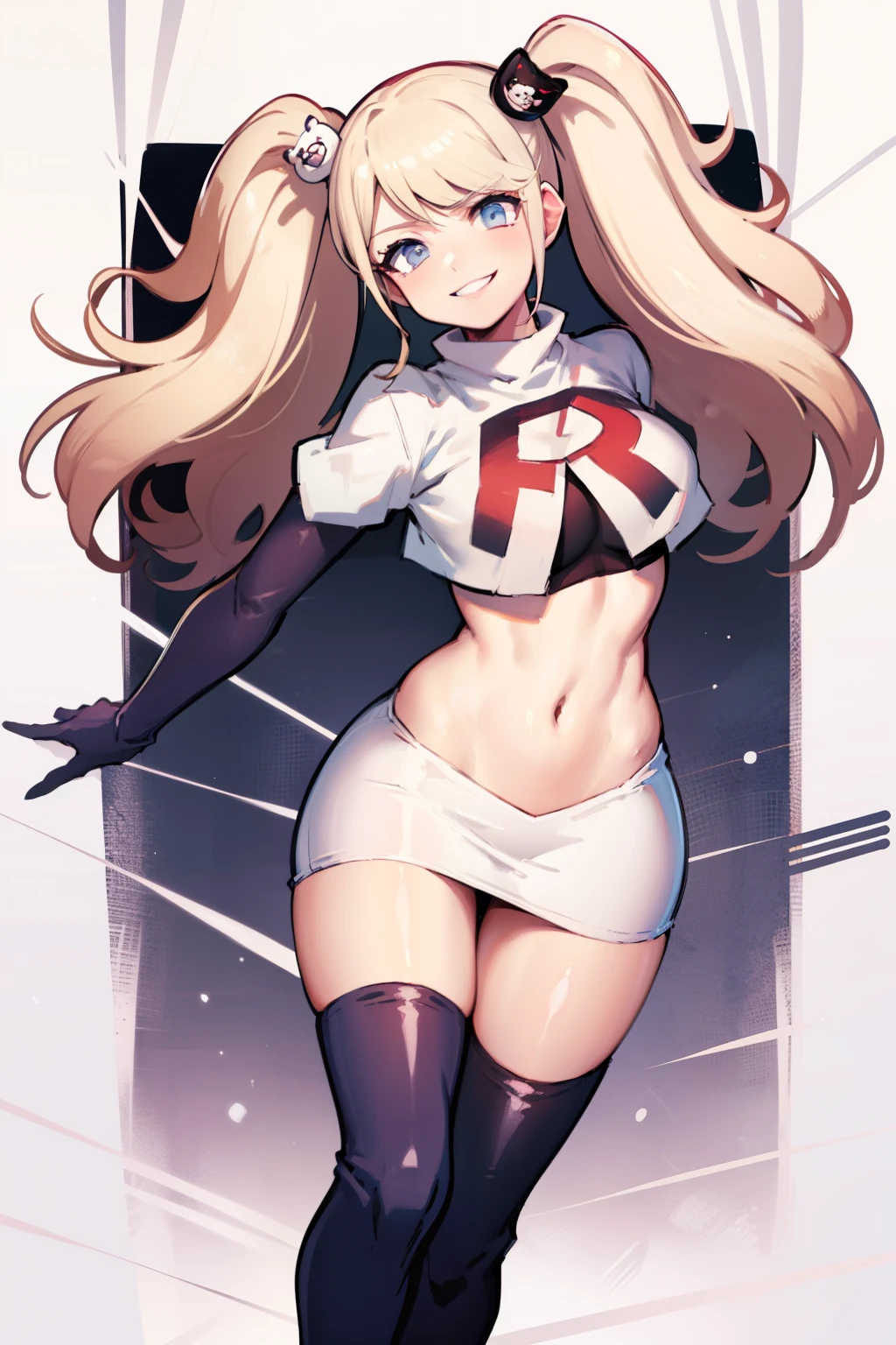 junko enoshima, glossy lips ,team rocket,team rocket uniform, red letter R, white skirt,white crop top,black thigh-high boots, black elbow gloves , looking at viewer, evil smile,