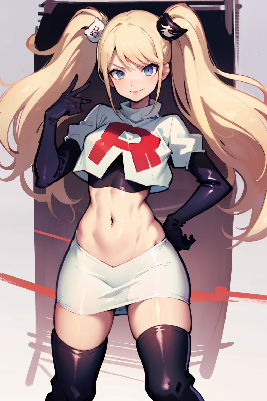 junko enoshima, glossy lips ,team rocket,team rocket uniform, red letter R, white skirt,white crop top,black thigh-high boots, black elbow gloves , looking at viewer, evil smile,