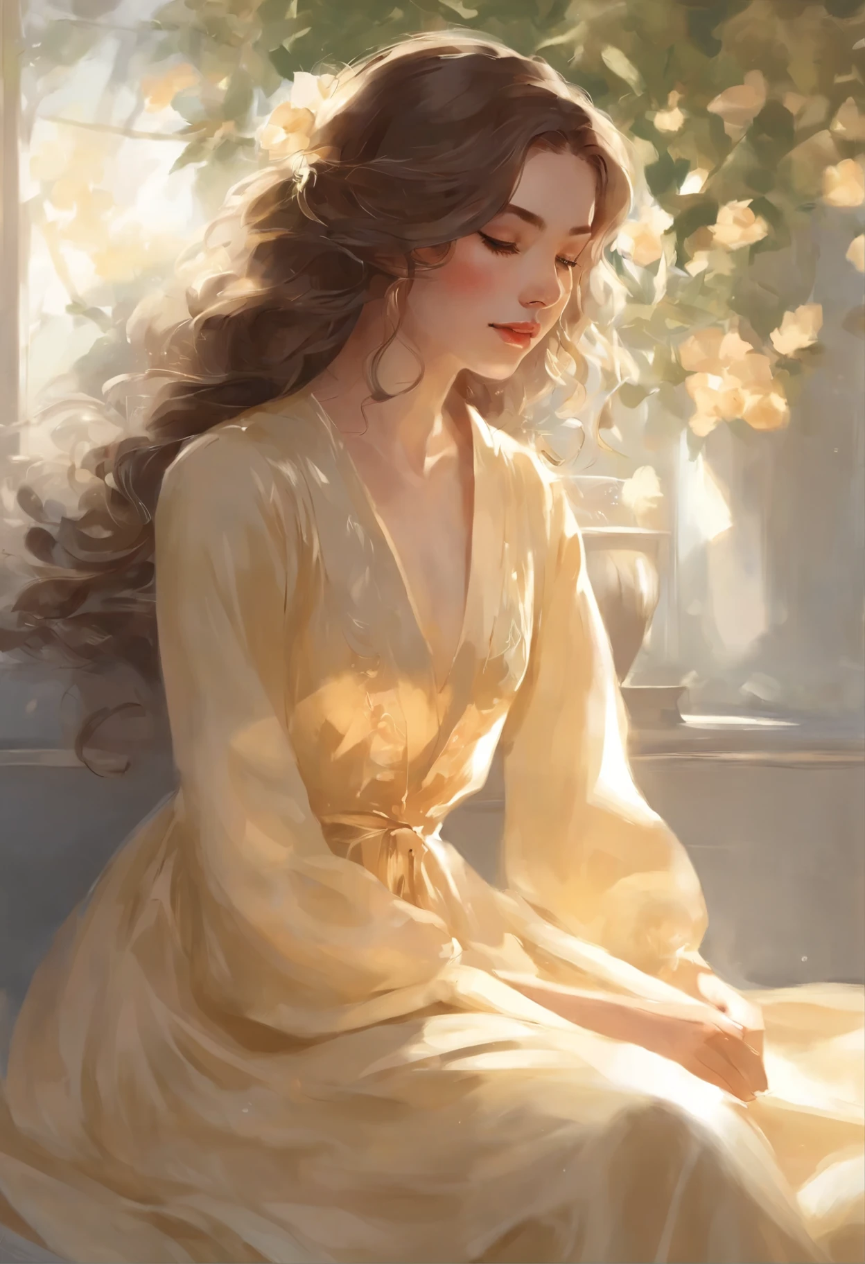 portrait of a princess, girl, with big golden curls in a silk nightgown down to her feet, Her thin straight eyebrows came together into a thread, and dark circles appeared under the eyes.Makoto Shinkai and (Cainova plague), sakimichan and makoto shinkai, guweiz, Kissing together, artwork in the style of guweiz
