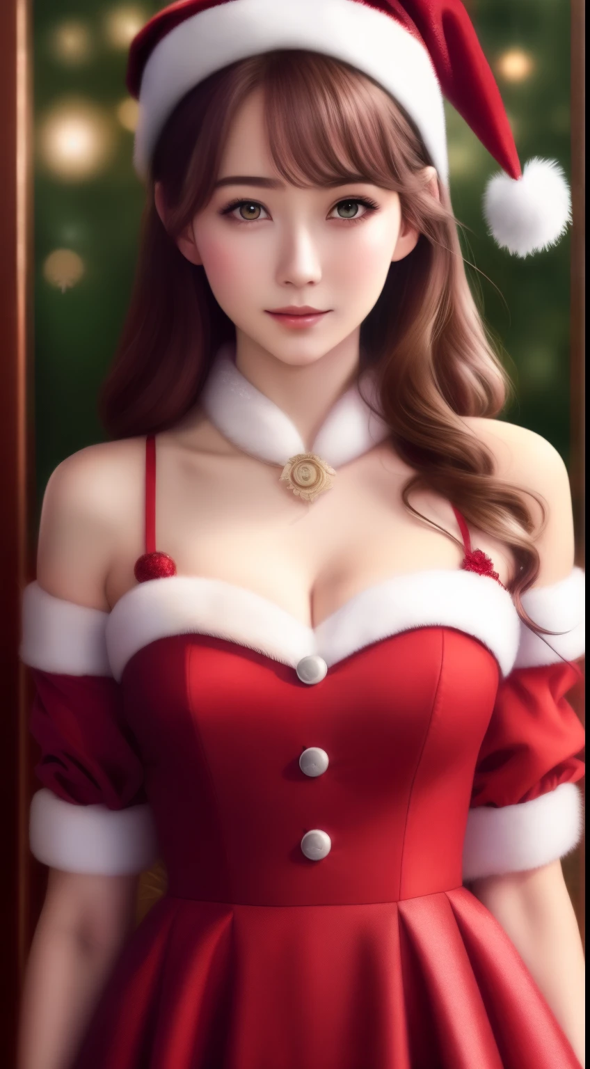 Best quality,masterpiece,ultra high res,(photorealistic:1.4),anime girl,shoulder,charming,Looking at the camera, wearing Christmas dress