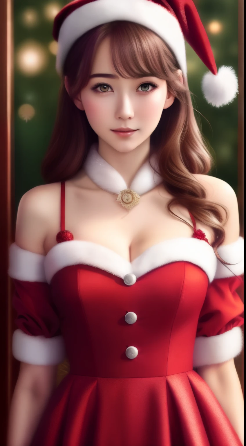 Best quality,masterpiece,ultra high res,(photorealistic:1.4),anime girl,shoulder,charming,Looking at the camera, wearing Christmas dress