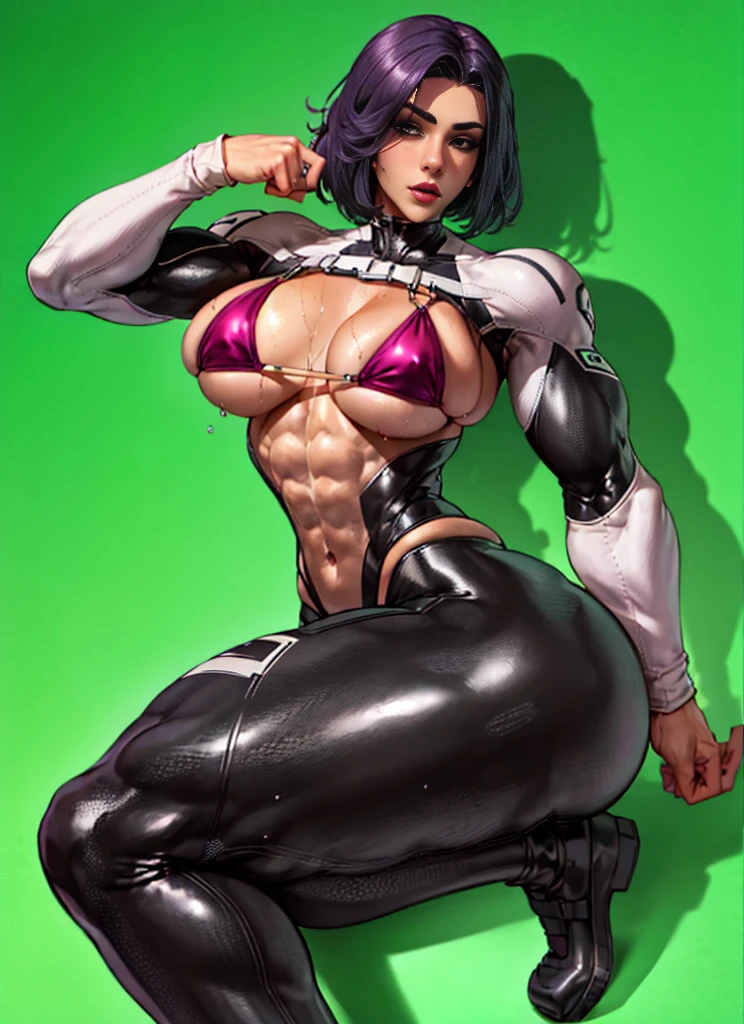 1girl, gorgeous, muscular, thick thighs, mature female, abdominals, wide hips, (masterpiece, high quality: 1.1), shiny skin, soft skin, smooth skin, chest recoil, tight suit, agitated, curvy, fit, toned, camel's finger, lipstick, thick lips, makeup, highly detailed, kawaii, wet and shiny, micro bikini, erotic pose, big butt, big breasts, camel's paw