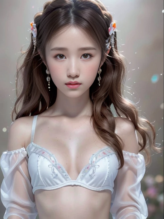 (Ultrareal), (Illustration), (High Resolution), (8K), (Very Detailed), (Best Illustration), (Beautiful Detailed Eyeest Quality), (Ultra Detailed), (Masterpiece), (Wallpaper), (Detailed Face), Solo, One Girl, White Wavy Hair, Korean, Iris Heterochromic Eyes, Small moles Under the Eyes, Big, Long Legs, Tight Abs, Camel Toes, Dynamic Pose, (8k, RAW photo, best quality, masterpiece:1.2), yjnn, 1girl, 3 d, 25 years old, more realistic, , bangs, bare_shoulders, bow, bra, breasts, brown_eyes, brown_hair, cleavage, grey_background, lips, long_hair, long_sleeves, looking_at_viewer, medium_ breasts, navel, nose, off_shoulder, open_clothes, open_shirt, panties, real, shirt, solo, stomach, undergarment, undressing, upper_body, white_bra, white_panties, white_shirt, shiny skin, beautiful delicate face, beautiful delicate eyes, (real, photo real: 1),