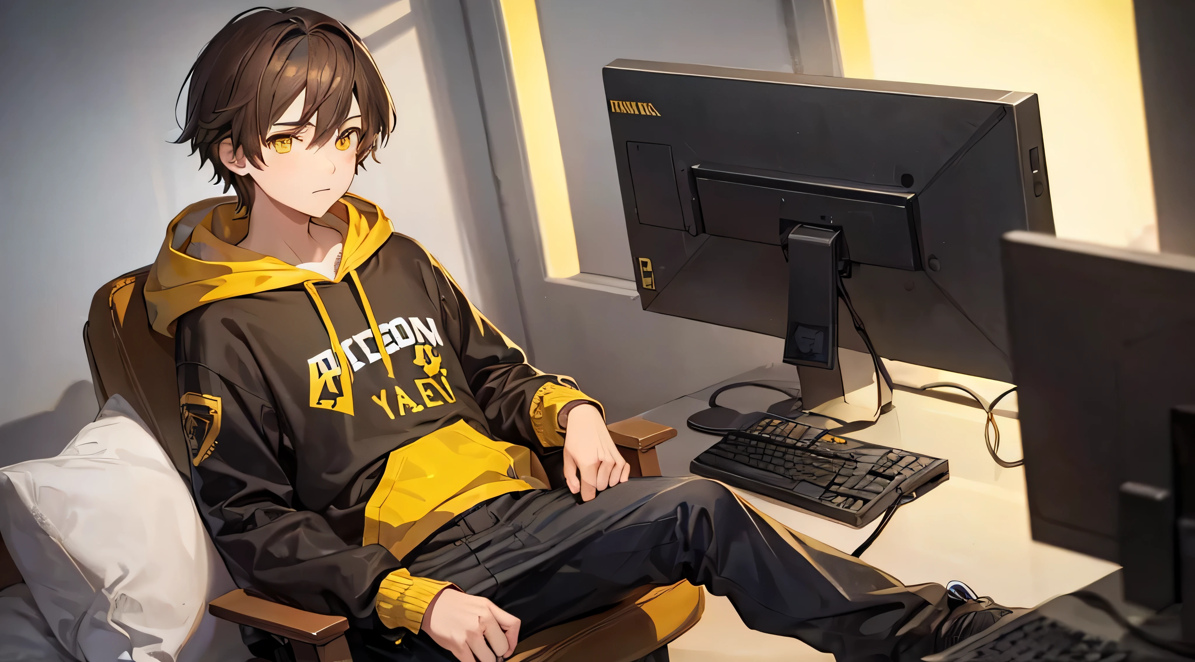 boy, 16 years old, brown hair, medium length hair, yellow hoodie with black parts, sitting, dark brown/yellow eyes, gamer, white background, masterpiece