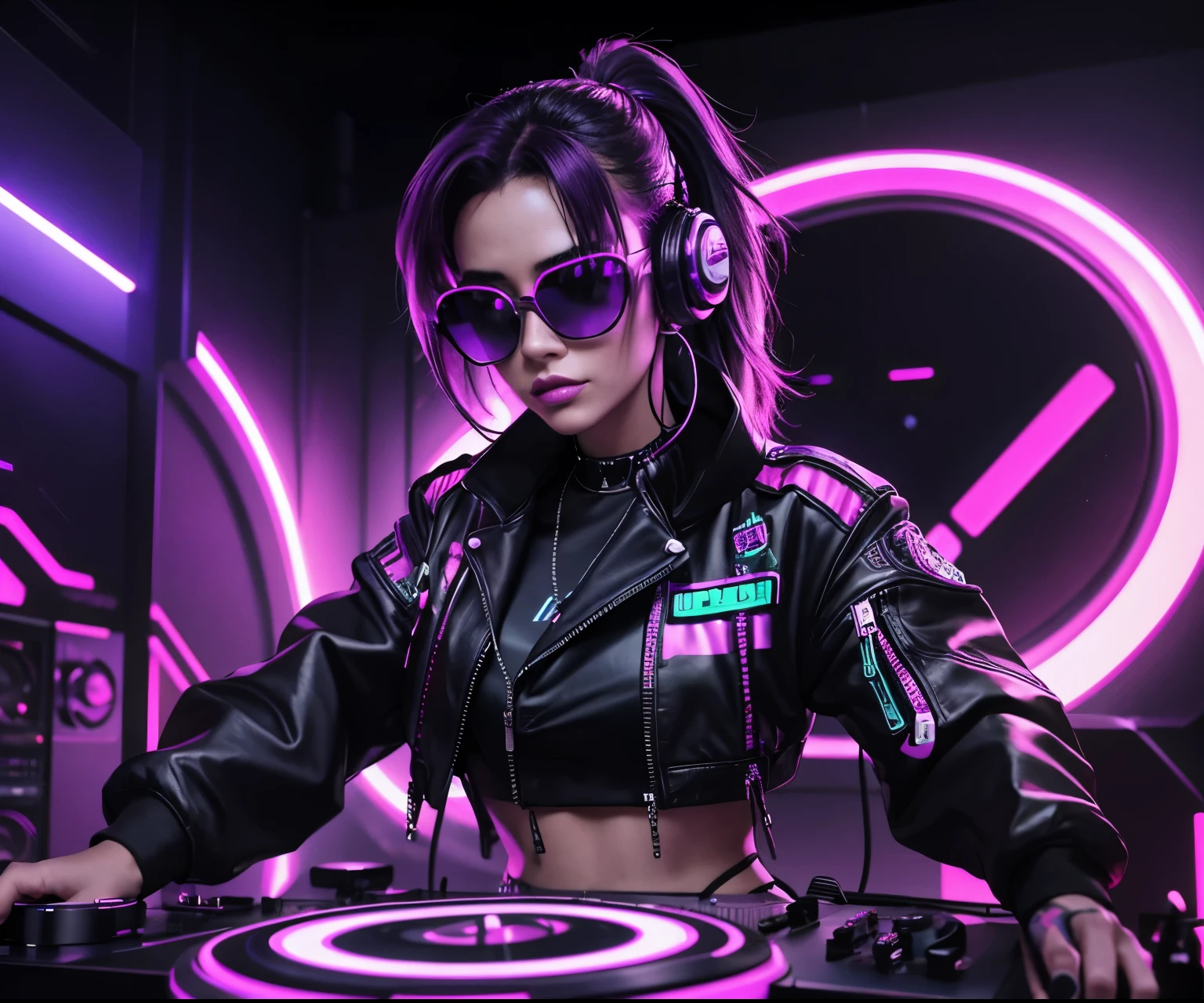 "Cyberpunk DJ girl with cool head set,front view ,cool open jacket and crop top shirt, rocking sun glasses, two big LED glowing loudspeakers on each side, immersed in a purple neon-lit environment, vinyl record on turntable with music mixer and turntable in front of her, exuding an electrifying disco vibe in a futuristic night club."