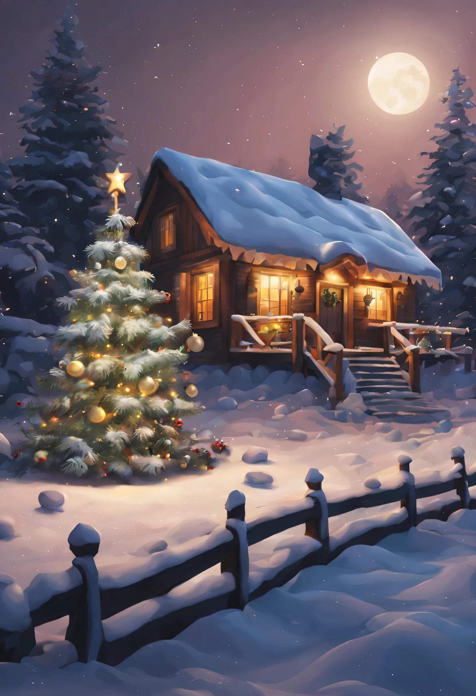 an intricately detailed image of a winter New Year landscape, a small cottage, and a New Year's tree with decoration, moonwalk, detailed, hyper-realistic, lighting, 16K