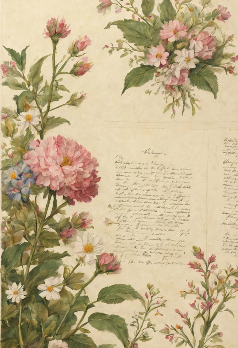 stationery, with flowers, pencil drawing, a bouquet of flowers, herbarium page, drawing of a bush with flowers, journal