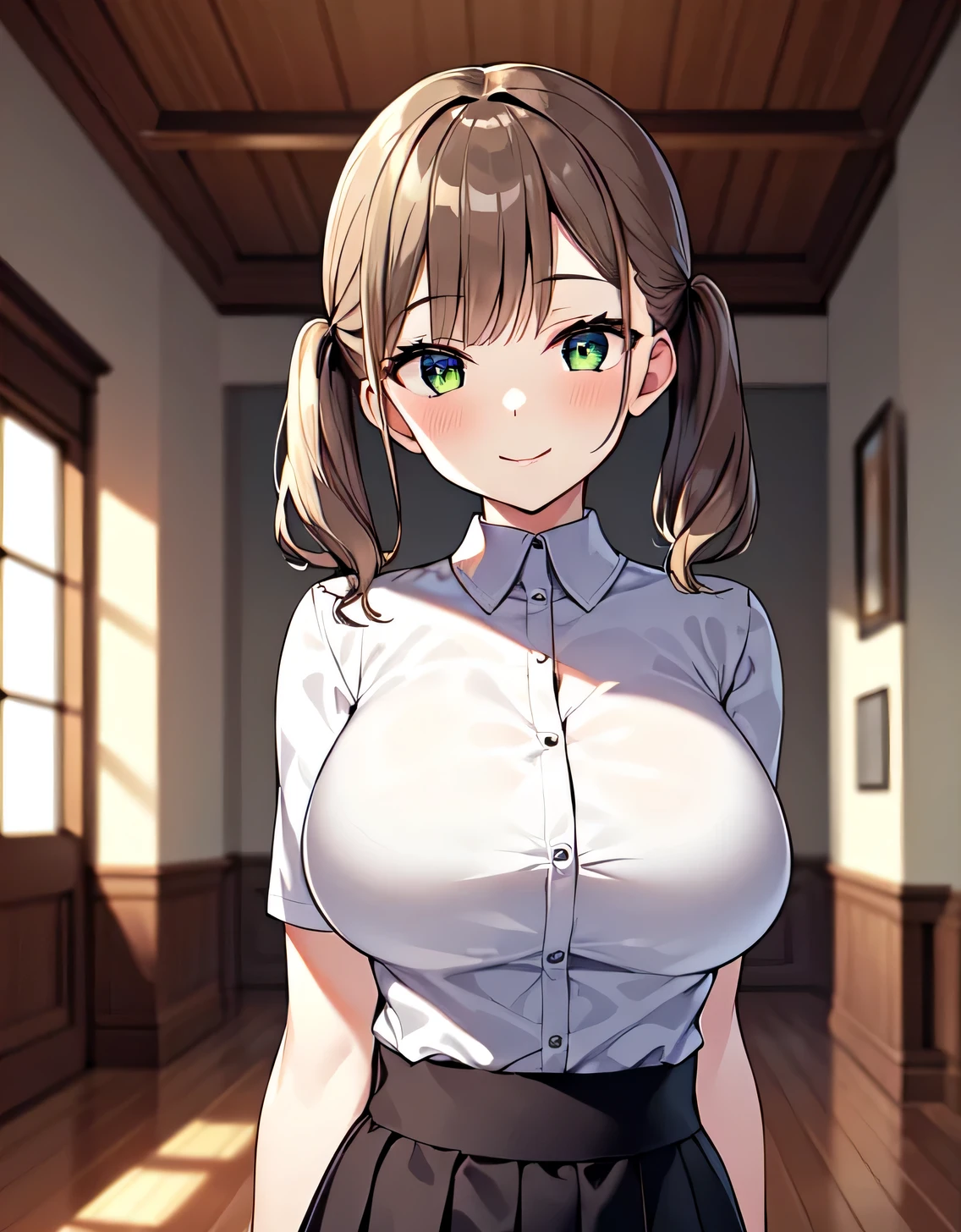 (Large breasts:1.5),Looking at Viewer,((masutepiece)),((Best Quality)),Perfect Anatomy,8K UHD,extra detailed face,gloss and shiny,((1girl in)),((Solo)),(Beautiful detailed eyes:1.5),image perfect,(Upper body:1.1),(Look at the front:1.1),Arms behind,Slim waist,Shiny hair,Standing,Bangs,light brown hair,Twin-tailed,Medium Hair,Green eyes,Smile,Shirt,Skirt,Indoor room,