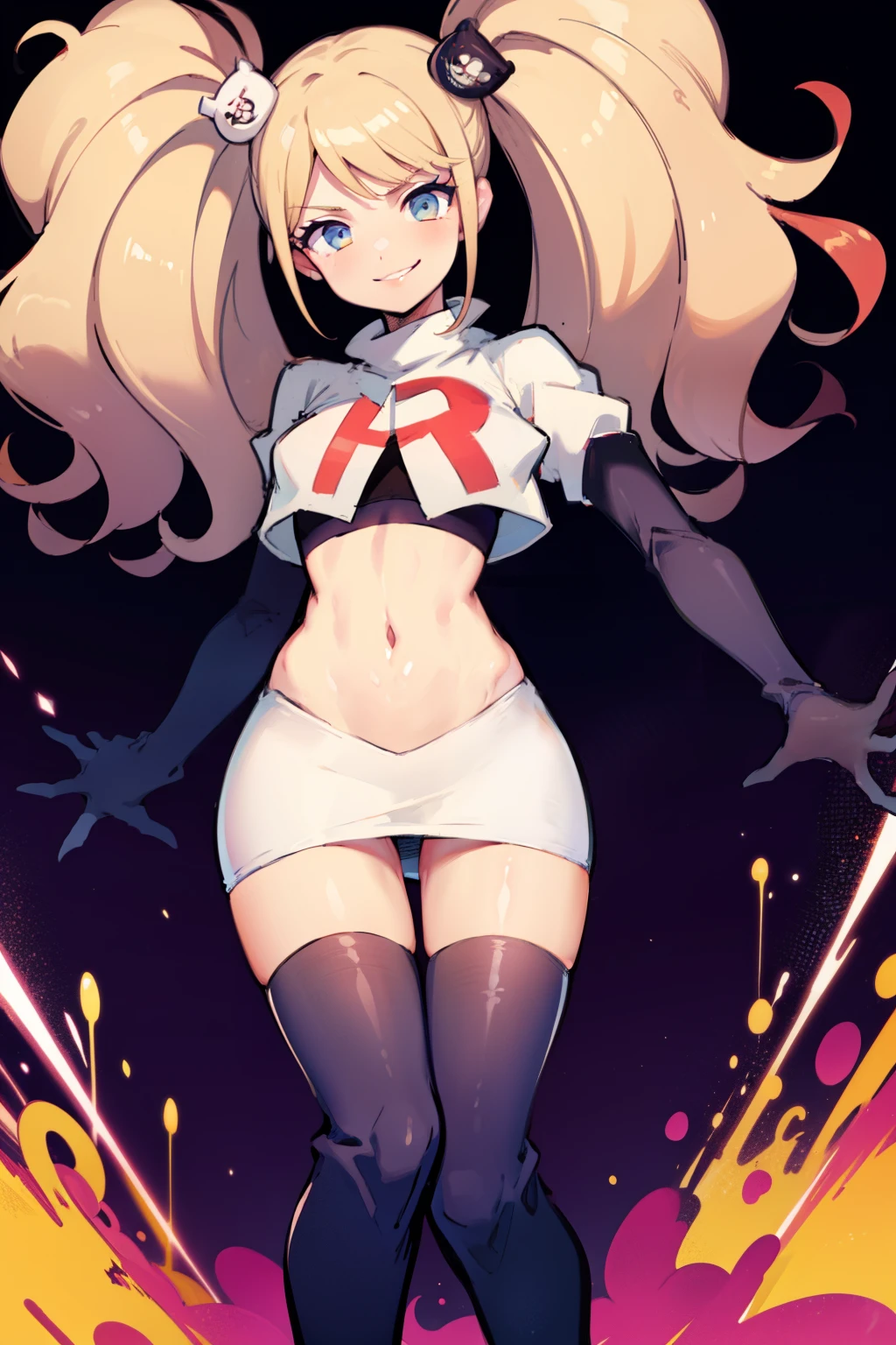 junko enoshima, glossy lips ,team rocket,team rocket uniform, red letter R, white skirt,white crop top,black thigh-high boots, black elbow gloves , looking at viewer, evil smile,