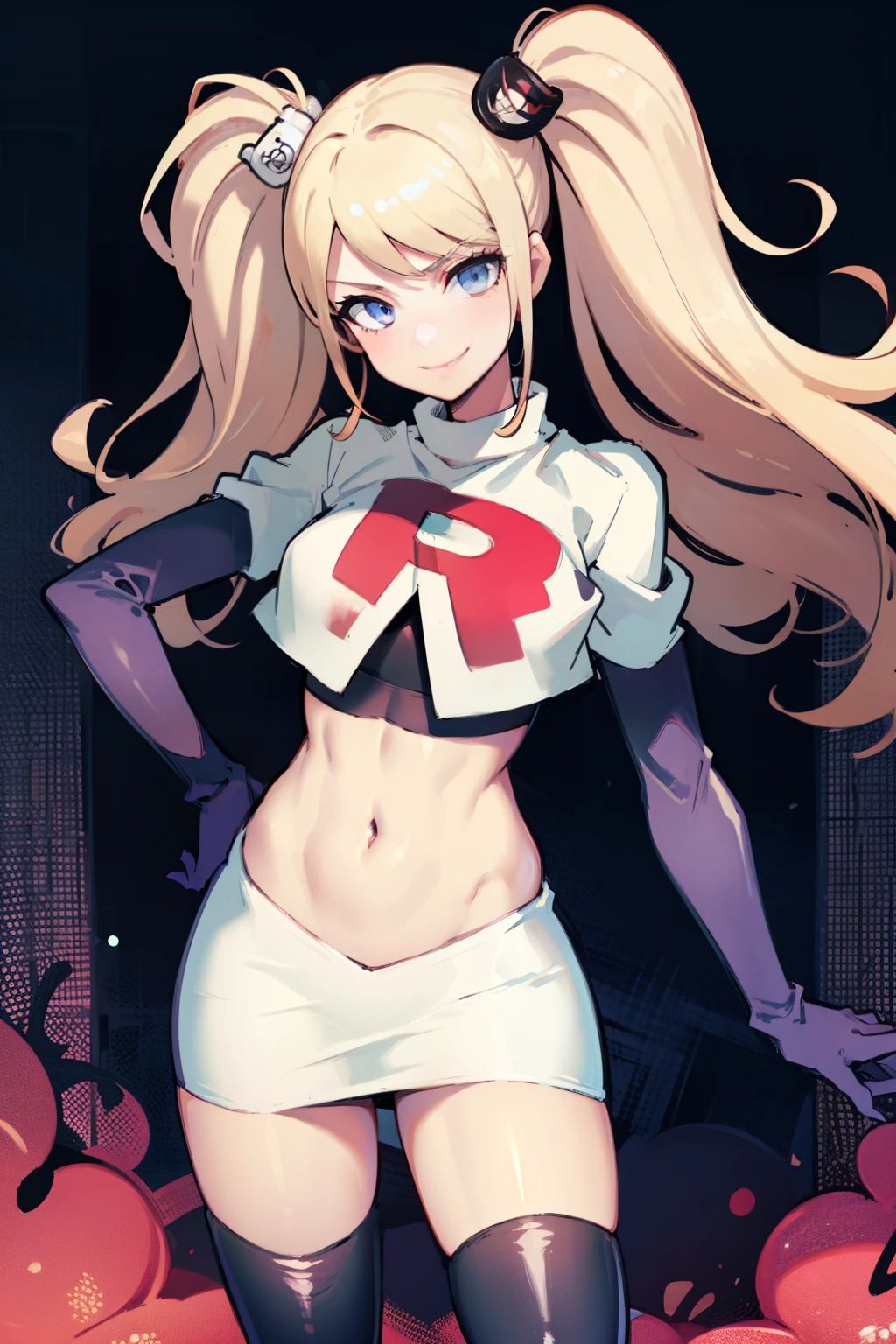 junko enoshima, glossy lips ,team rocket,team rocket uniform, red letter R, white skirt,white crop top,black thigh-high boots, black elbow gloves , looking at viewer, evil smile,