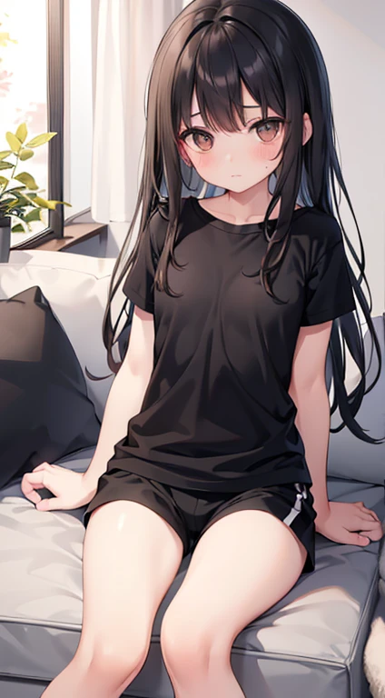 , black hair, light brown eyes, black t-shirts, black shorts, sitting living room, long hair, small breasts, confused, blush
