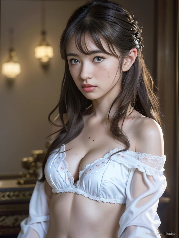 (Ultrareal), (Illustration), (High Resolution), (8K), (Very Detailed), (Best Illustration), (Beautiful Detailed Eyeest Quality), (Ultra Detailed), (Masterpiece), (Wallpaper), (Detailed Face), Solo, One Girl, White Wavy Hair, Korean, Iris Heterochromic Eyes, Small moles Under the Eyes, Big, Long Legs, Tight Abs, Camel Toes, Dynamic Pose, (8k, RAW photo, best quality, masterpiece:1.2), yjnn, 1girl, 3 d, 25 years old, more realistic, , bangs, bare_shoulders, bow, bra, breasts, brown_eyes, brown_hair, cleavage, grey_background, lips, long_hair, long_sleeves, looking_at_viewer, medium_ breasts, navel, nose, off_shoulder, open_clothes, open_shirt, panties, real, shirt, solo, stomach, undergarment, undressing, upper_body, white_bra, white_panties, white_shirt, shiny skin, beautiful delicate face, beautiful delicate eyes, (real, photo real: 1),
