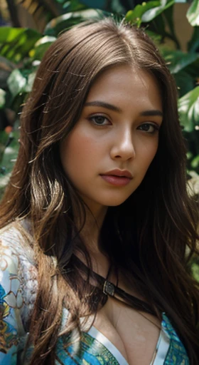 (best quality,ultra-detailed,photorealistic),young woman,beautiful eyes,detailed lips,pensive expression, soft lighting,vibrant colors, long flowing hair, stylish warrior outfit, jungle background,colorful flowers,natural sunlight,serene atmosphere, hourglass figure, 4k details,