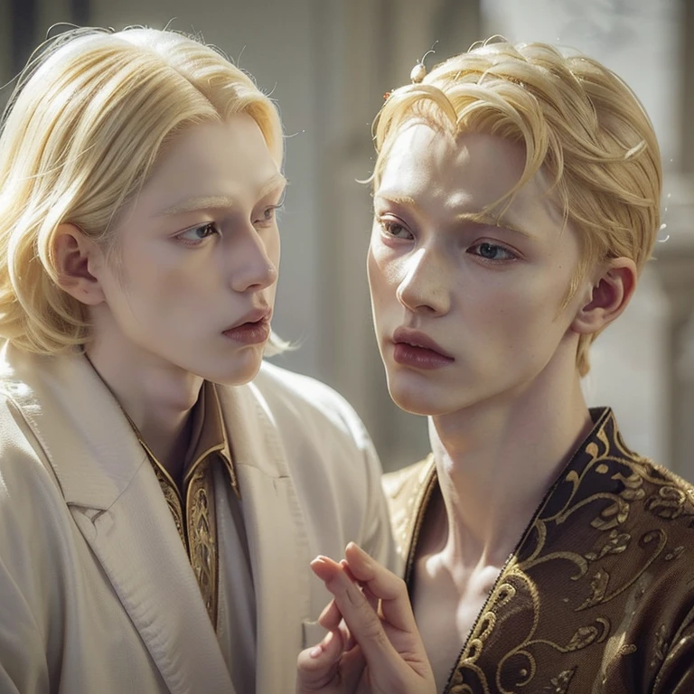 (masterpiece, best quality, 4k, photo:1.35), (good blonde Prince Ivan wants to kill depraved homosexual ageless immortal tall slender androgynous albino king Koschei, but there are two secrets: Ivan is a son of Koschei and Koschei's death is in his testicles:1.5)