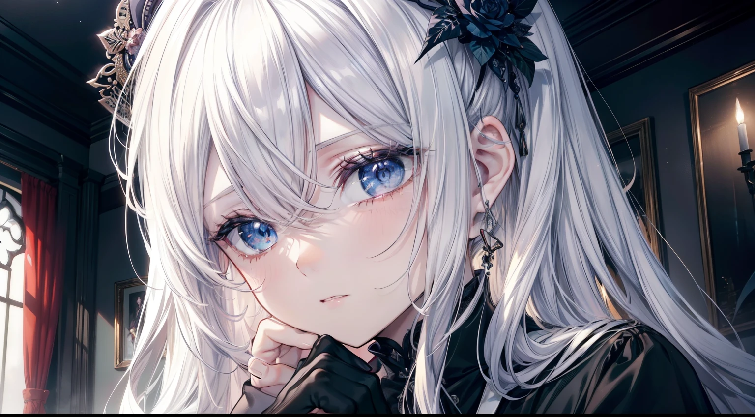 (masutepiece, Best Quality), Intricate details, 8K, Sharp focus quality) (Detailed skin:1.3) (Intricate details) (8K) (Detailed eyes) (Anime) Man's character, Soft hair, Long hair, White hair, Light blue eyes, Man's, Anime Man's, frontage, 素敵なMan's子, Perfect face, Detailed eyes, Bold background, Detailed accessories, Unique costumes, Sharp eyes, Man's, A young man, Idol, dark color, pale skin, Vampire, tusk, Defined features, Model, Gothic, Symbolism, Comfortable clothing, Dark room, Cluttered room, Indoors, Detailed background, Bold colors, bold outline, Sharp face, Nighttime, Night, Pose, Handsome, sleepy, Tired, drooing eyes