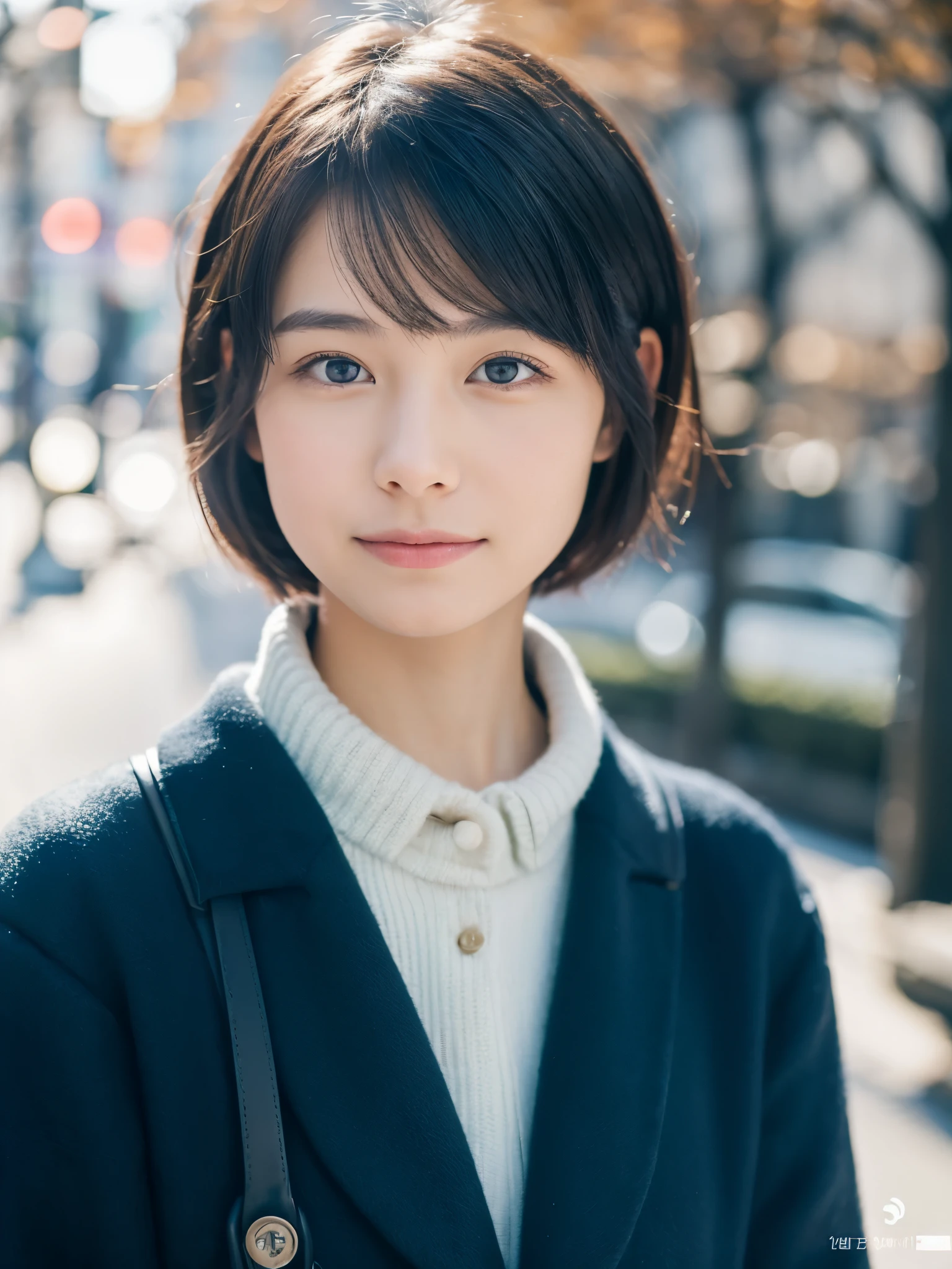 Photorealsitic, 8K, Full body portrait, Beautuful Women, A charming expression, Clear department, Shorthair, 18year old, TOKYOcty, Winters, Shibuya in the background