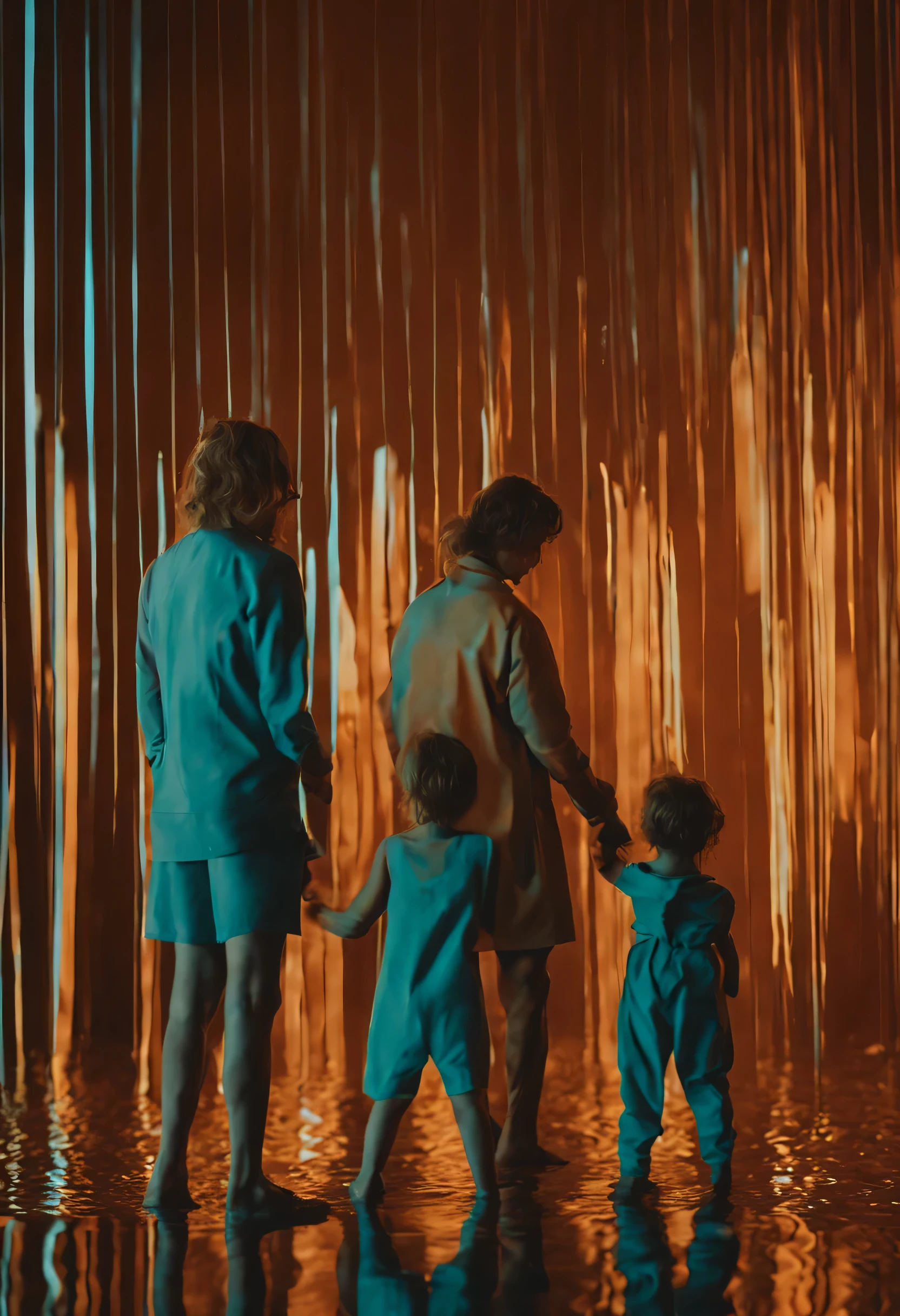 a picture of an abstract image of a Family with reflections, in the style of dark orange and light azure, bertil nilsson, glimmering light effects, blink-and-you-miss-it detail, jessica drossin, photo taken with ektachrome
